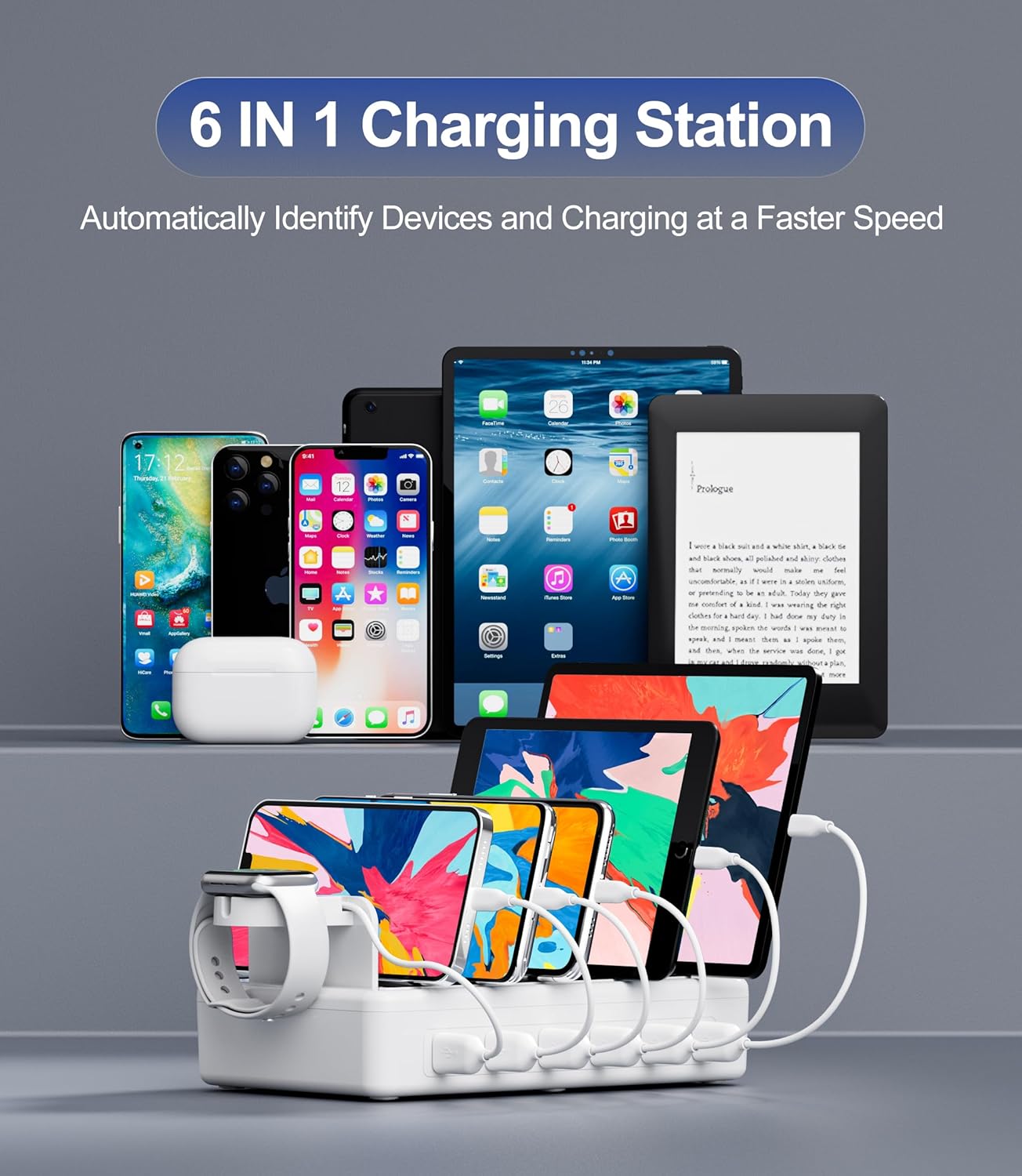 Charging Station for Multiple Devices, 6 Port 50W Fast Multi Charger Station Charging Dock with 6 Mixed Charging Cables for iPhone, iPad, Kindle, Tablet, Cellphone and Others