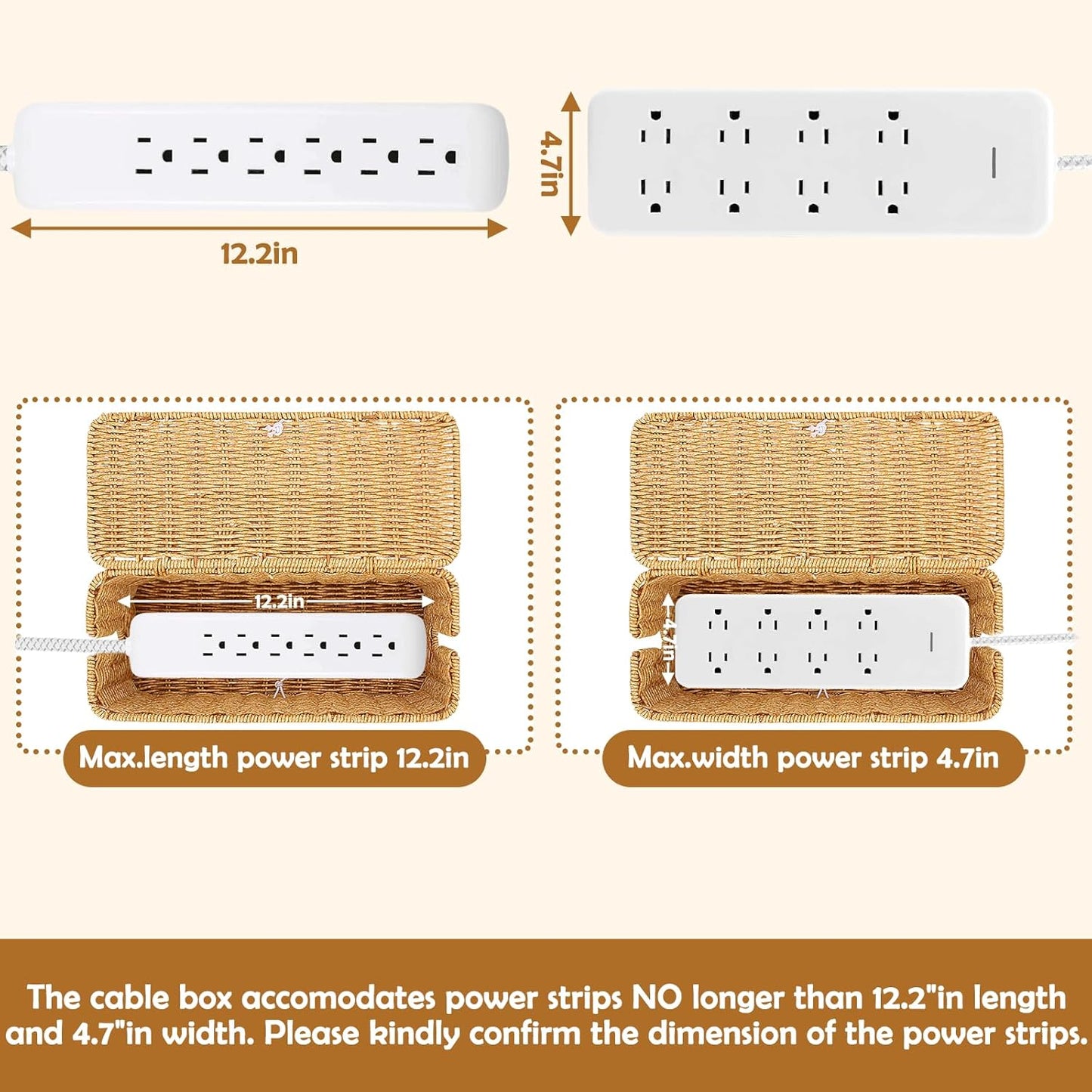 Cable Management Box, Handmade Imitation Rattan Cord Cable Organizer, Cable Raceway Open Slots Cords Hider Box for Computer Router USB Hub & Power Strip