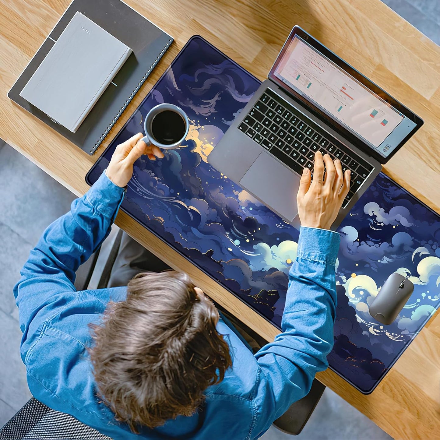 Blue Clouds Desk Mat Large XXL Gaming Mouse Pad Non-Slip Rubber Base Mousepad, Cool Office Desktop Decor Desk Pad, Computer Laptop Keyboard and Mouse Mat with Stitched Edges, 31.5x15.75 in