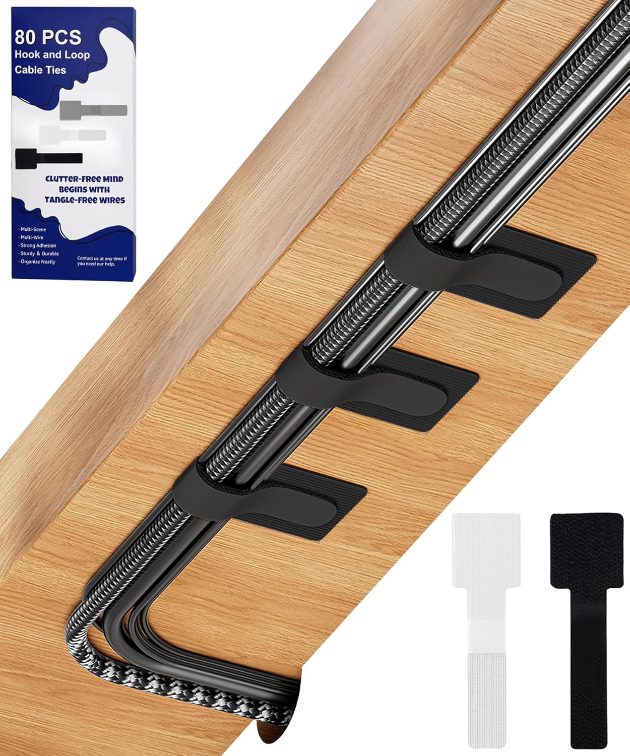 80PCS Hook and Loop Cable Ties, Hook and Loop Cable Straps, Under Desk Cable Management, Adhesive Cable Clips, Sticky-Back Cord Organizer for Desk, Household & Office Organization (Black+White)