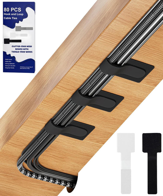 80PCS Hook and Loop Cable Ties, Hook and Loop Cable Straps, Under Desk Cable Management, Adhesive Cable Clips, Sticky-Back Cord Organizer for Desk, Household & Office Organization (Black+White)