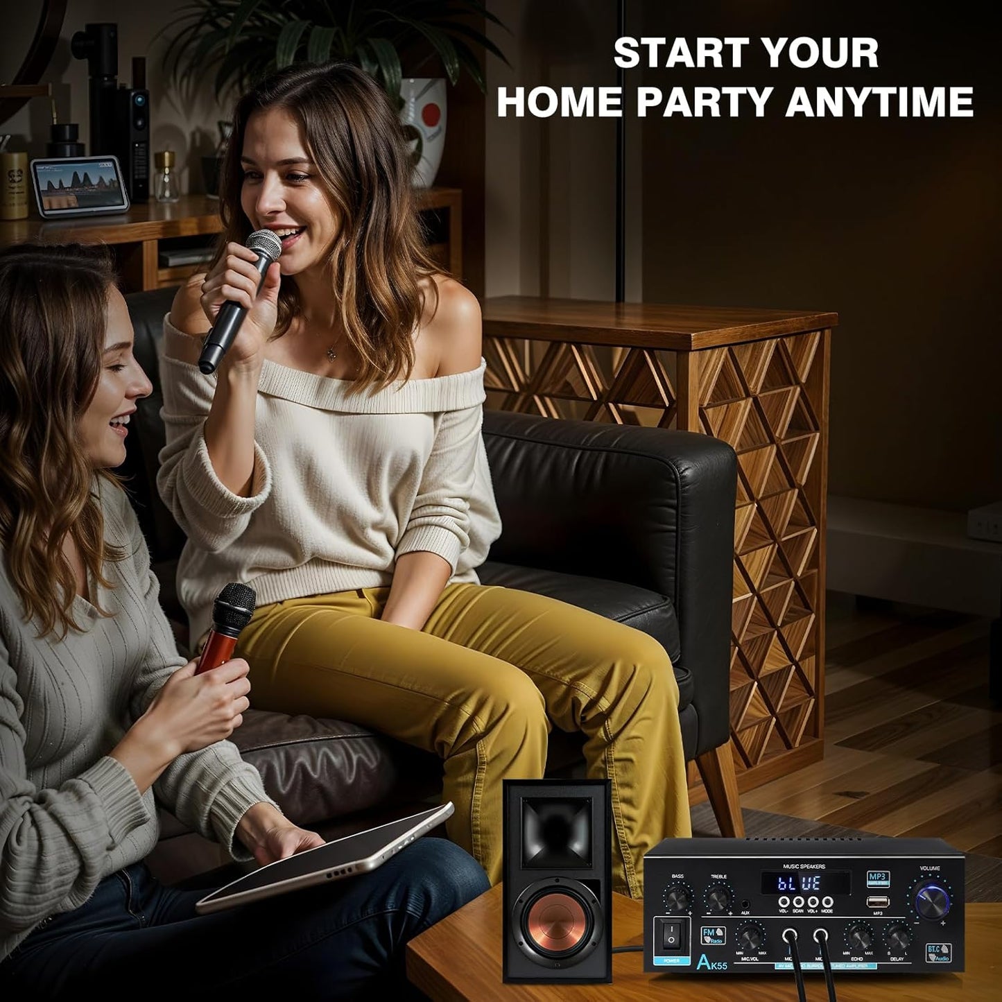 AK55 Stereo Amplifier Home Audio, Bluetooth 5.0 Max 450W Power Stereo Receivers 2.0 Channel Audio Amplifier for Speaker W/Remote Control/AUX/RCA/Echo/USB/2 MIC in for Home Party, Karaoke