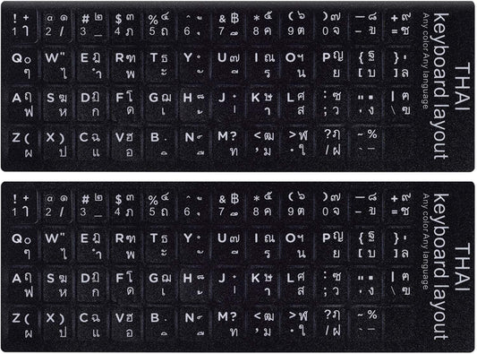 2PCS Thai-English Keyboard Letters Replacement Stickers - White Font on Black Background for Computer, Laptop, Notebook, Desktop - Matte Vinyl Alphabet Stickers