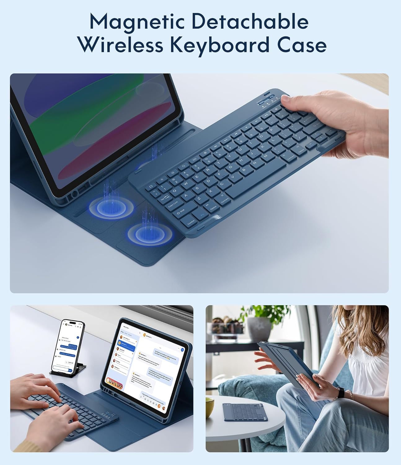 CHESONA Keyboard Case for iPad (A16) 11th/10th Generation (2025/2022), Detachable Wireless Keyboard, Stand Folio Keyboard Cover with Pencil Holder, Thin & Light (Steel Blue)