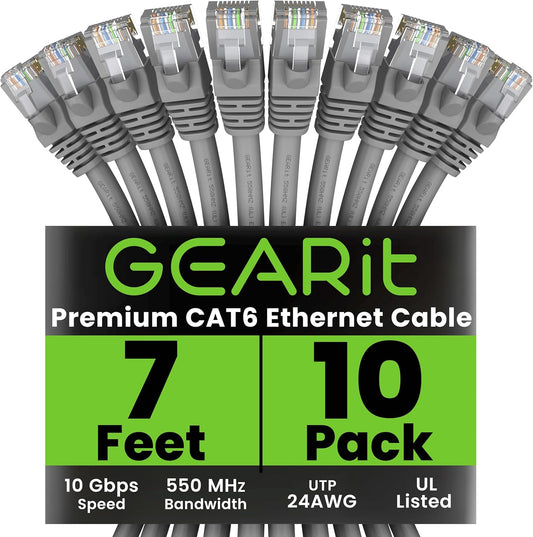 GearIT Cat 6 Ethernet Cable (10-Pack 7 Feet) Cat6 Network Patch, 10Gbps, RJ45, Snagless Cord, Gold-Plated Connectors, Internet for PC, TV, Tablet, Router, Printer, Servers, IT Data Center - Gray