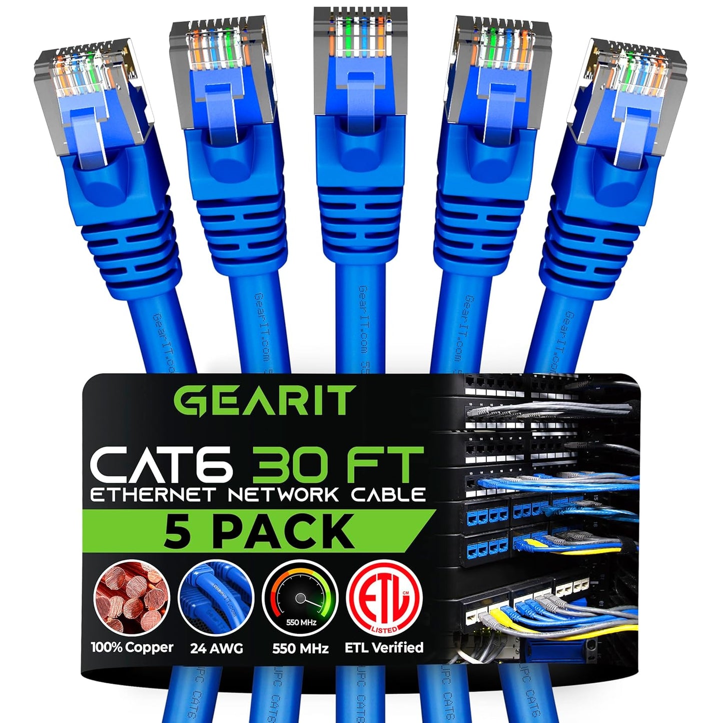 GEARit Cat 6 Ethernet Cable Pack - 5-Pack 30 ft Cat6 Ethernet Patch Cables | RJ45 Network Patch Cable, 10 Gbps Snagless Gold-Plated Connectors - Ethernet Cable Cat 6 for PC, TV, Router - Blue