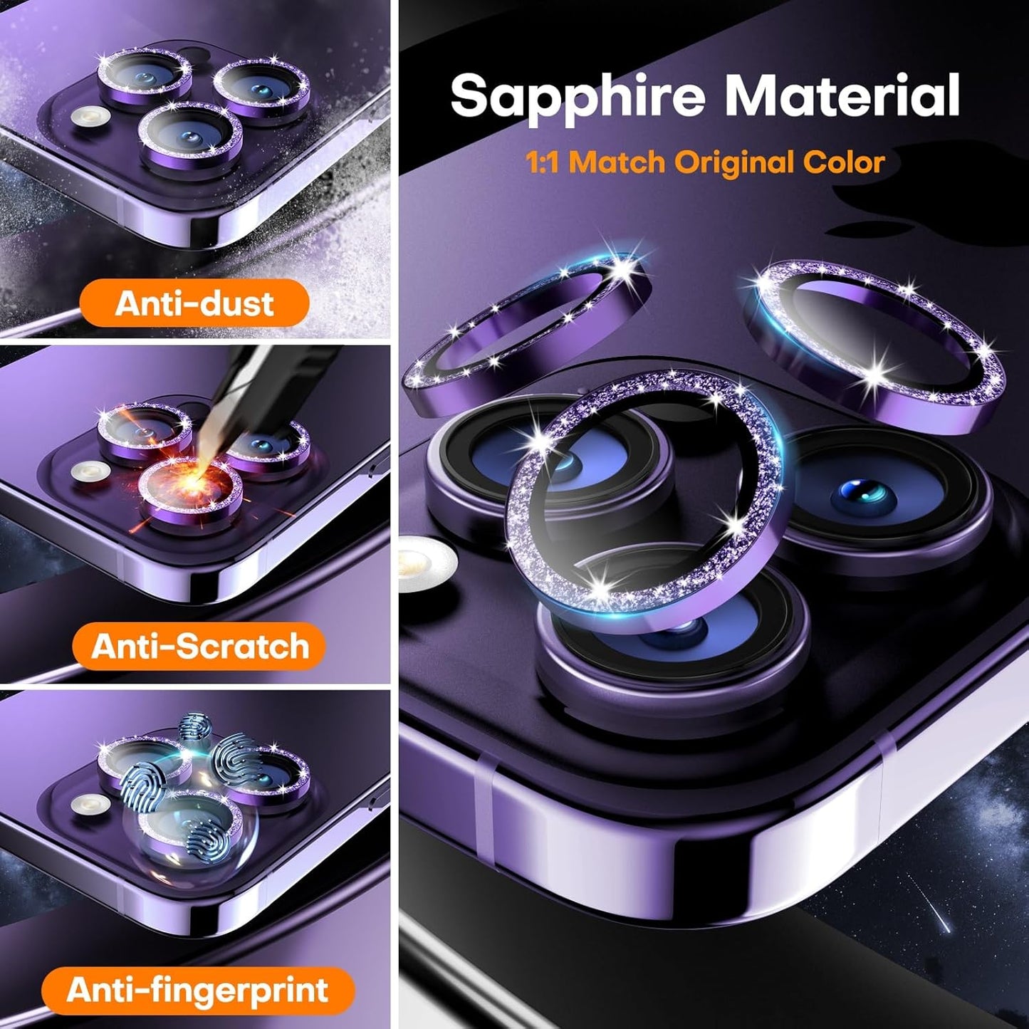 Camera Lens Protector for iPhone 16 Pro Max/16 Pro/15 Pro Max/15 Pro/14 Pro Max/14 Pro, Sapphire Glass Metal Individual Camera Cover Screen, Anti-drop, Case Friendly- Glitter Deep Purple
