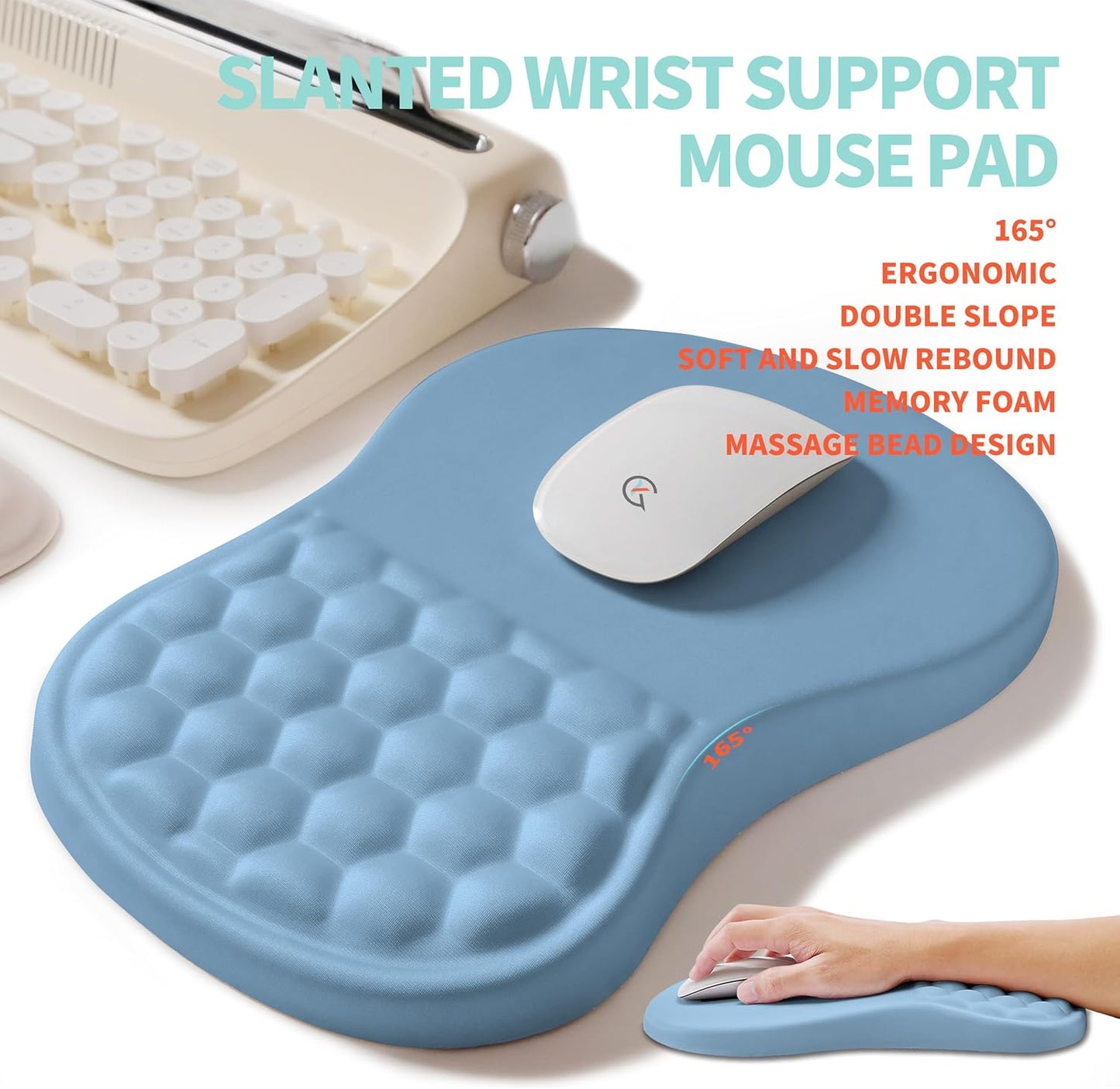2-in-1 Ergonomic Set, Wave Rise Keyboard Wrist Rest and Massage Bulge Slope Mouse Pad Wrist Support, Cushion Memory Foam Integrated to Relieve Wrist Pain, Lake Blue