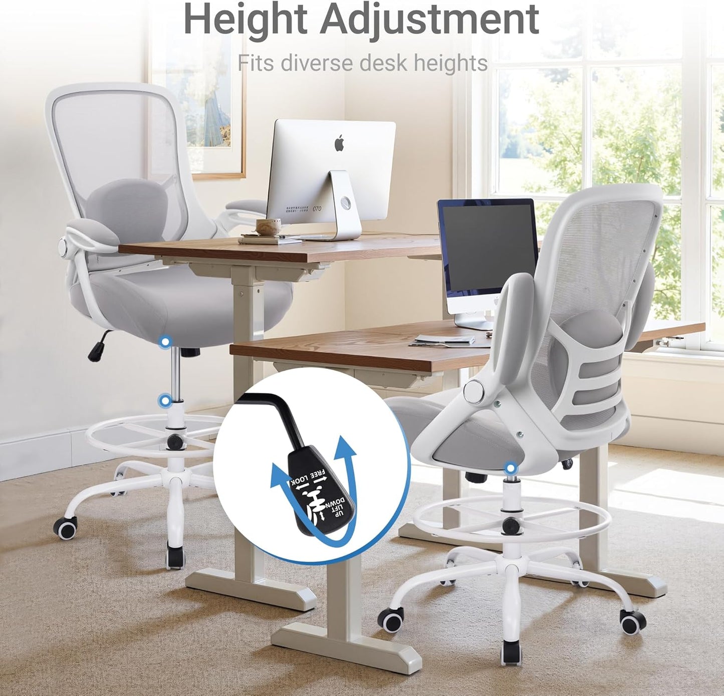 HYLONE 400lbs Heavy Duty Drafting Chair 5" Thickened Seat Office Chair with Flip-Up Armrests Tall Ergonomic Computer Chair with Lumbar Support and Adjustable Footrest Ring Standing Desk Chair (Grey)