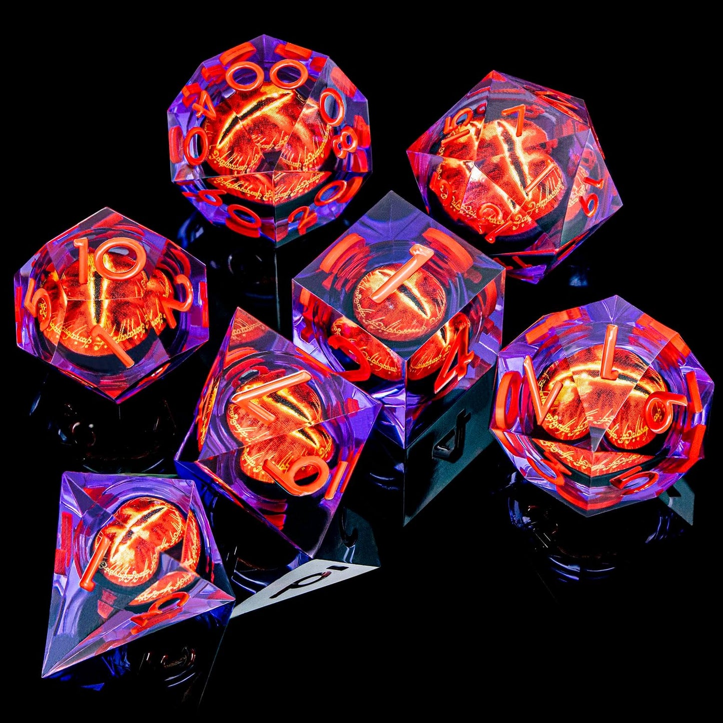 ARUOHHA DND Resin Dice Gazes Eye Dice Purple Red Liquid Core Flaming RPG Sharp Edged Dice Set with Gift Box, Polyhedral D and D Dice Set Compatible with Dungeons Dragons Role Playing Game D20 D6