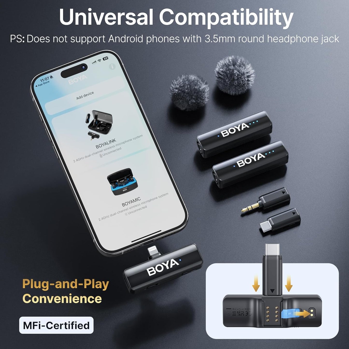 BOYA BOYALINK 2 A2 (2TX+3RX Adapter) Wireless Lavalier Microphone for iPhone Camera Android, Clip on Mic, 48 KHz 24 Bit, 6mm Mic, 1000ft, Noise Cancelling, Mini Lapel Mic USB-C/Lightning/3.5mm TRS