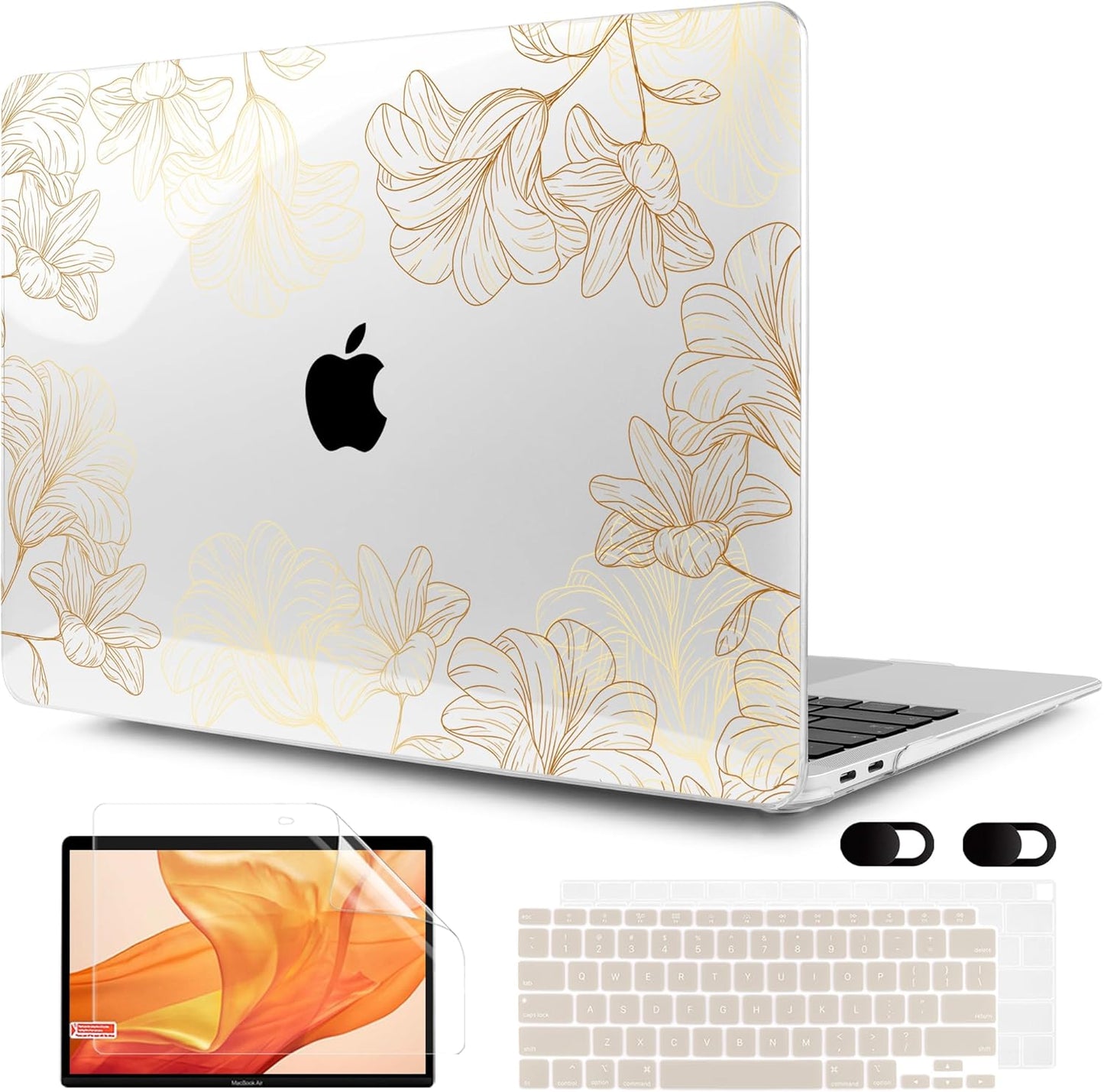 MEEgoodo for MacBook Air 13 inch Case 2021 2020 2019 2018 Released A2337 M1 A2179 A1932 with Touch ID, Plastic Hard Shell & Keyboard Cover Compatible with MacBook Air Case 13.3, Drawn Golden Floral