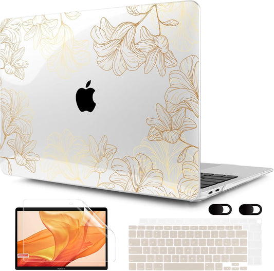 MEEgoodo for MacBook Air 13 inch Case 2021 2020 2019 2018 Released A2337 M1 A2179 A1932 with Touch ID, Plastic Hard Shell & Keyboard Cover Compatible with MacBook Air Case 13.3, Drawn Golden Floral