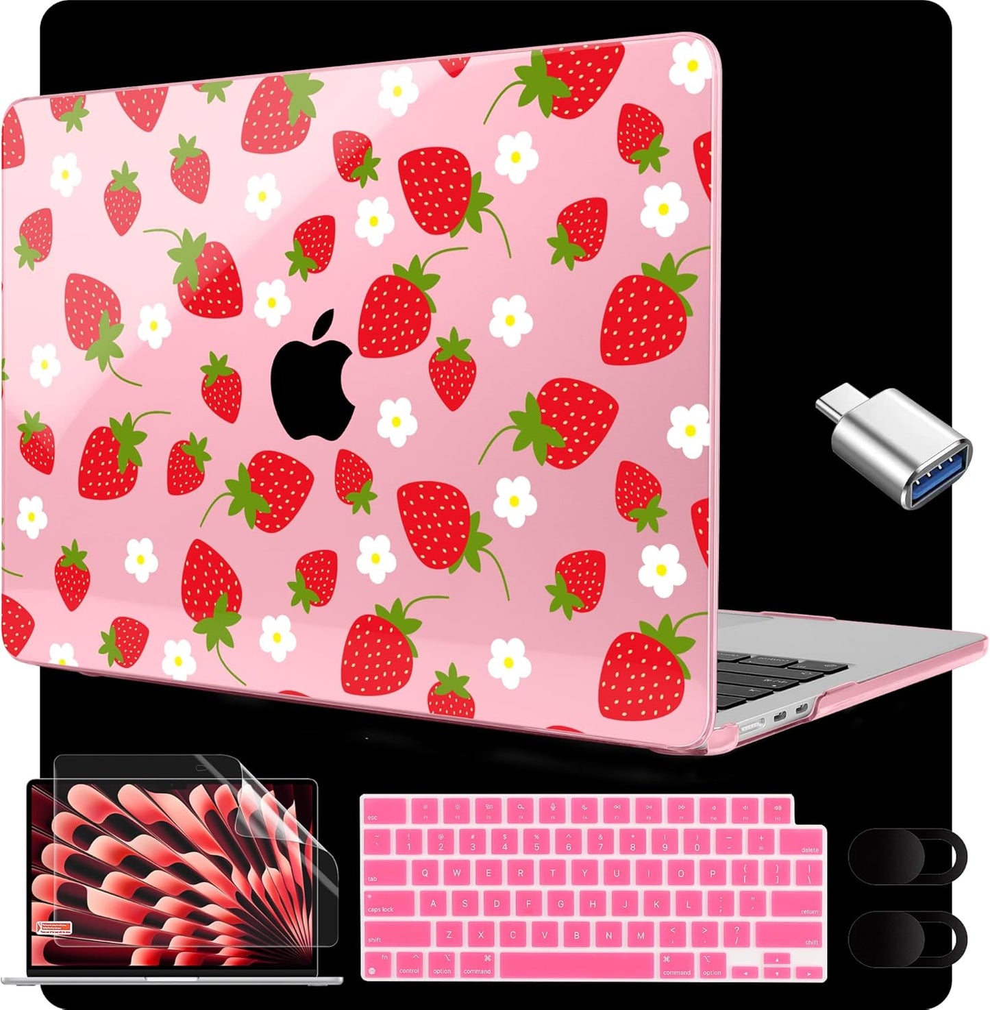 MEEgoodo for M4/M3/M2 MacBook Air 15.3 inch Case 2025 2024 2023, Case Fit Model (A3241/A3114/A2941) for MacBook Air 15 inch, Laptop Hard Shell with Keyboard Cover, Strawberries & Flowers