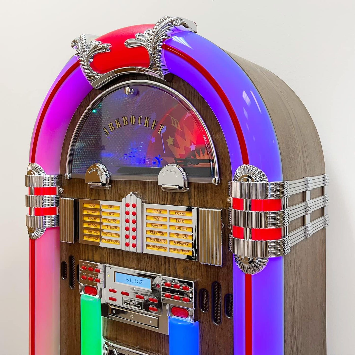 Arkrocket Saturn V Full Size Jukebox Vinyl Record Player Bluetooth USB SD CD Player Radio Retro Turntable Classic Jukebox 51 inch (Saturn V - Dark Oak)