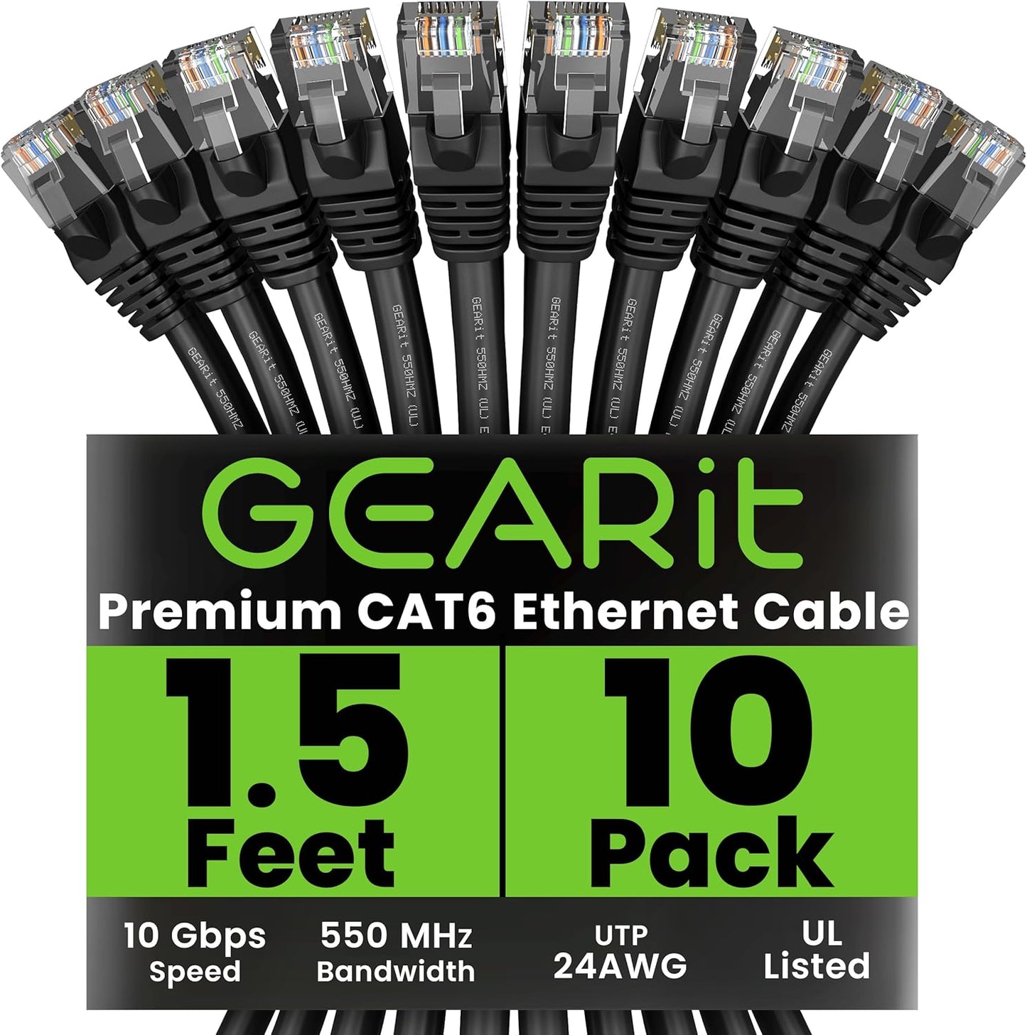 GEARit Cat 6 Ethernet Cable (10-Pack 1.5 Feet) Cat6 Network Patch, 10Gbps, RJ45, Snagless Cord, Gold-Plated Connectors, Internet for PC, TV, Tablet, Router, Printer, Servers, IT Data Center - Black