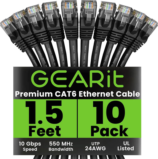 GEARit Cat 6 Ethernet Cable (10-Pack 1.5 Feet) Cat6 Network Patch, 10Gbps, RJ45, Snagless Cord, Gold-Plated Connectors, Internet for PC, TV, Tablet, Router, Printer, Servers, IT Data Center - Black