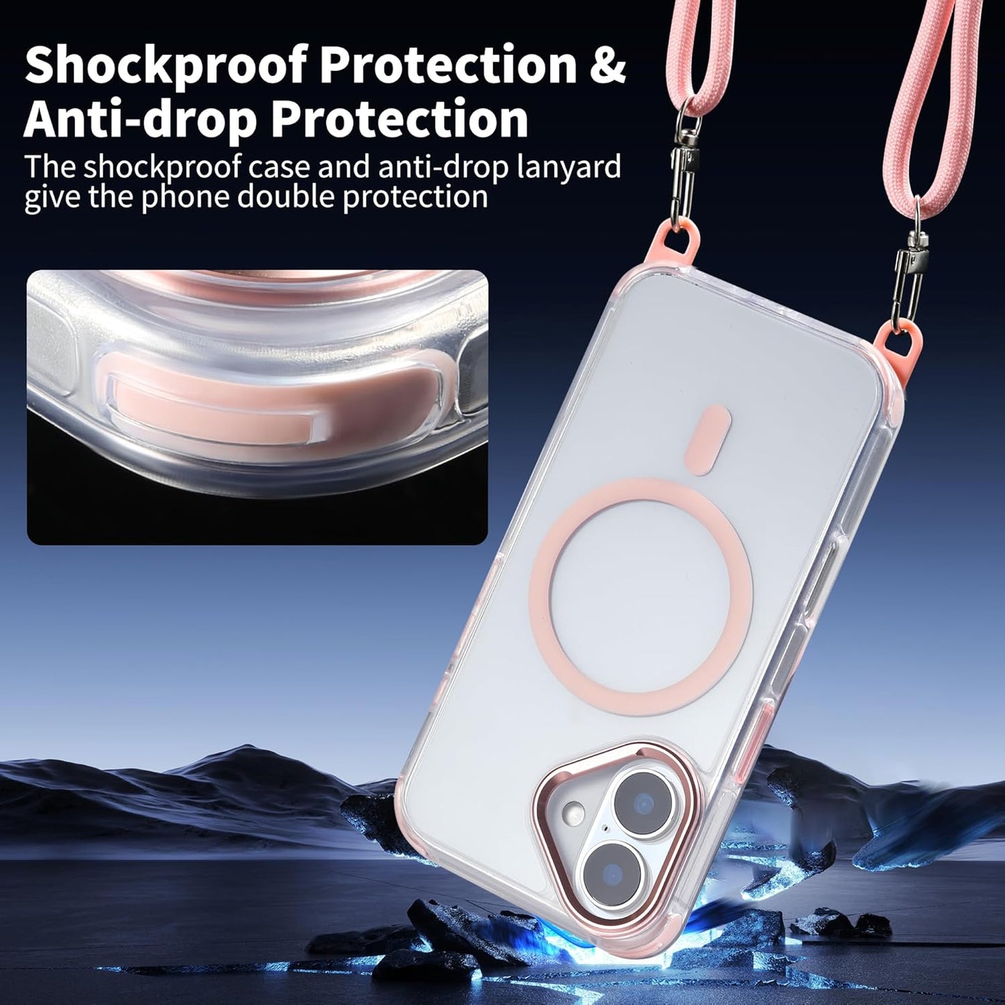 for iPhone 16 Case with 62.99 inch Lanyard, Classic Clear&Pink Magnetic Phone Case, Drop&Shockproof Protection Cases, Phone Lanyard for Around The Neck, Compatible with Magnet Accessory