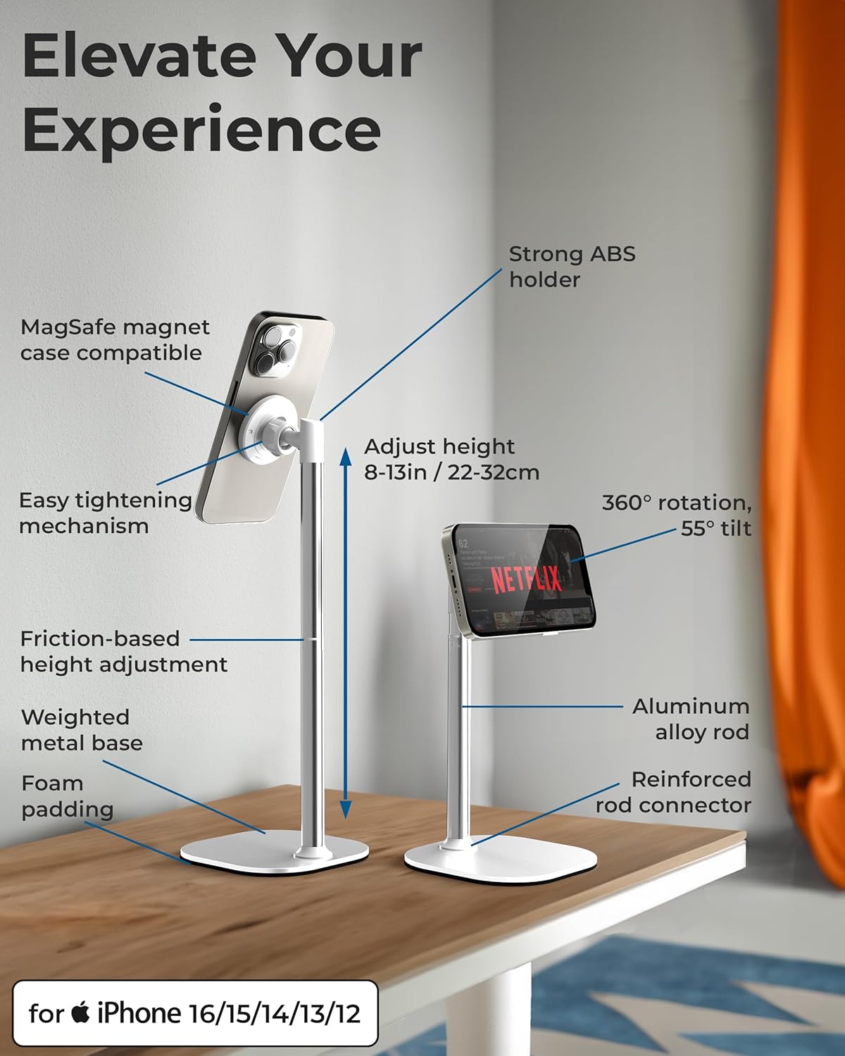 COOPER MagStand - Adjustable Magnetic iPhone Stand for Desk & Phone Holder for Video Recording, Compatible with MagSafe, Stand for iPhone 16 Pro Max, 15/14/13/12, Small Mag Safe Tripod (Cream White)