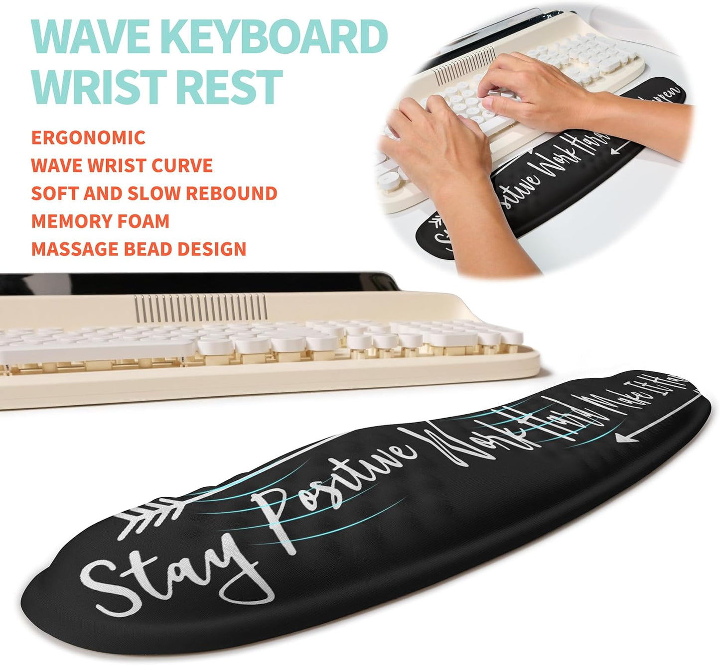 2-in-1 Ergonomic Set, Wave Rise Keyboard Wrist Rest and Massage Bulge Slope Mouse Pad Wrist Support, Cushion Memory Foam Integrated to Relieve Wrist Pain, Stay Positive