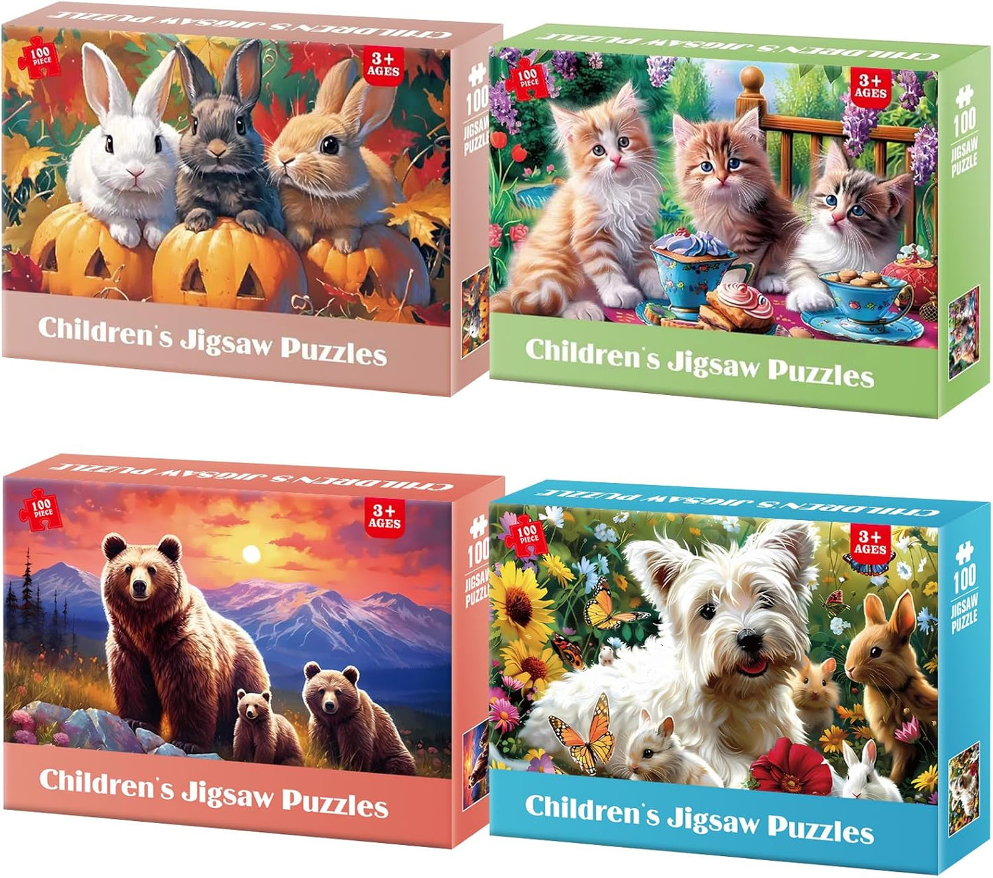 4 Packs 100 Piece Puzzles for Kids Ages 4-6 - Lovely Animals Large Piece Jigsaw Puzzles for Seniors Educational Toys Gifts Kids Puzzle for 4 5 6 7 8 9 Year Olds Boys Girls