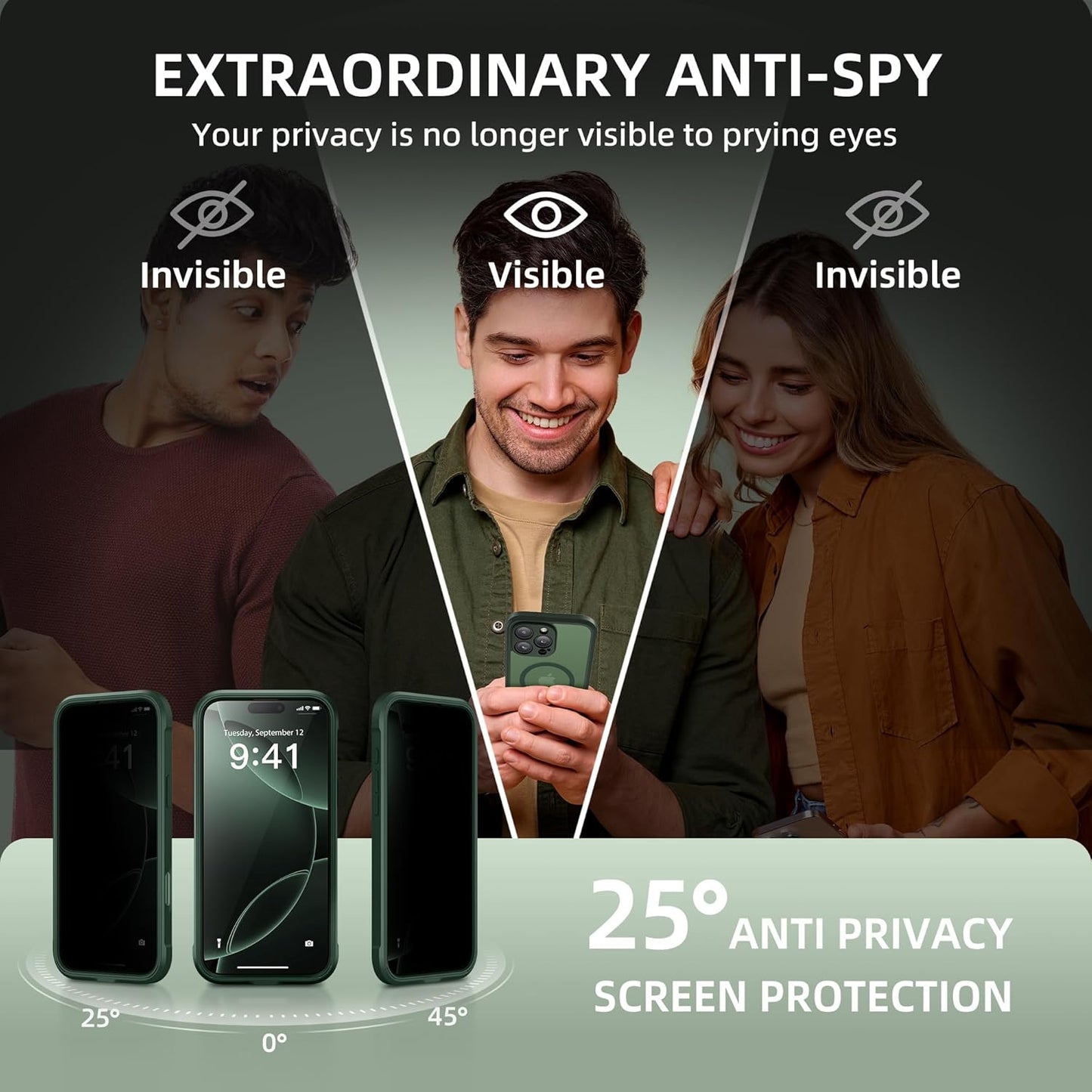 BERFY Magnetic for iPhone 16 Pro Case, Compatible with MagSafe, Built-in Privacy Screen Protector and Upgraded Camera Protection, Anti-Spy Full Body Shockproof Phone Case for 16 Pro 6.3", Green