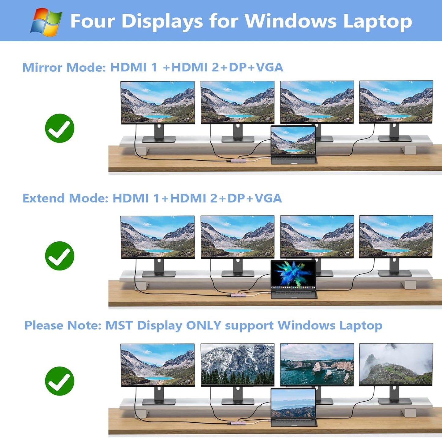 USB C Docking Station Dual Monitor Adapter for Dell HP, Laptop Docking Station 3 Monitors Quadruple Display USB C Hub Dongle to 4K HDMI+DisplayPort+VGA,3 USB2.0,100W PD, 8 in 1 Thunderbolt Dock