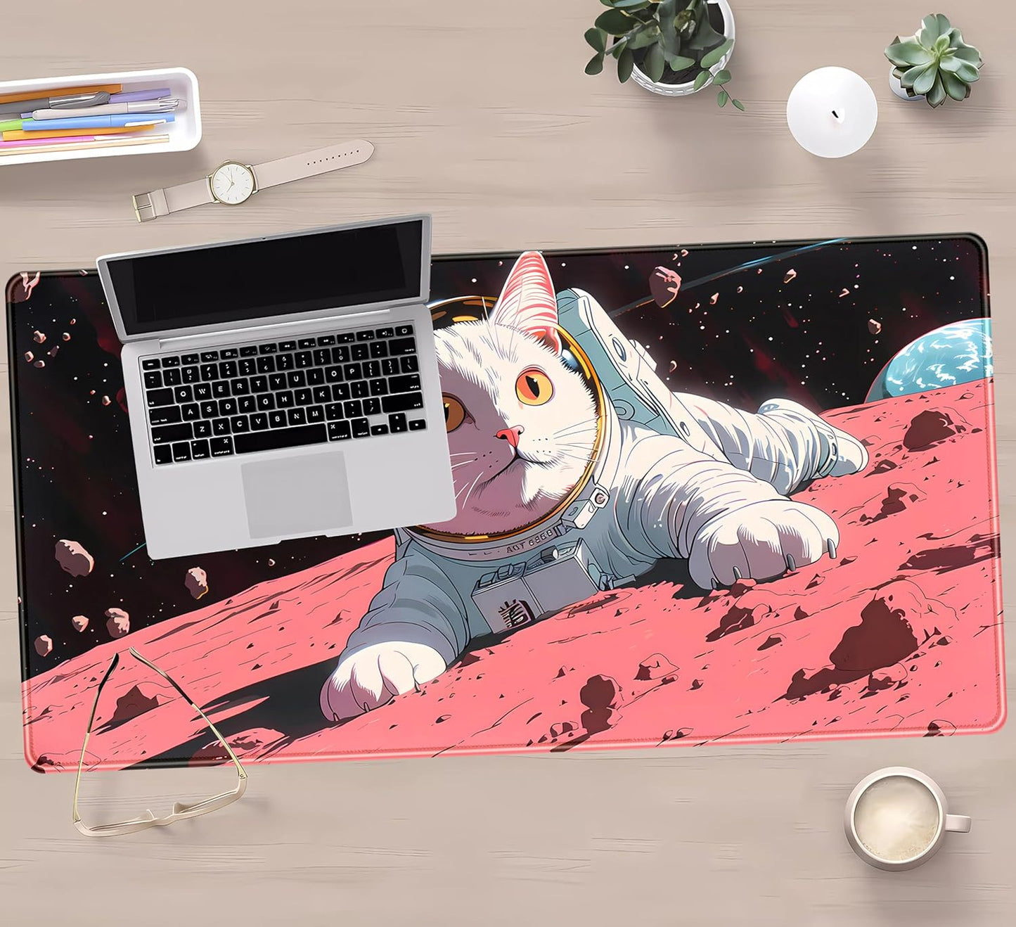 Cat Desk Mat Full Desk Mouse Pad Gaming Mat XXL, Fun Desktop Mats Computer Keyboard Pad Extra Large Mouse Mat, Laptop Mat with Stitched Edges, Office & Home Decor for Women 31.5" x 15.7"