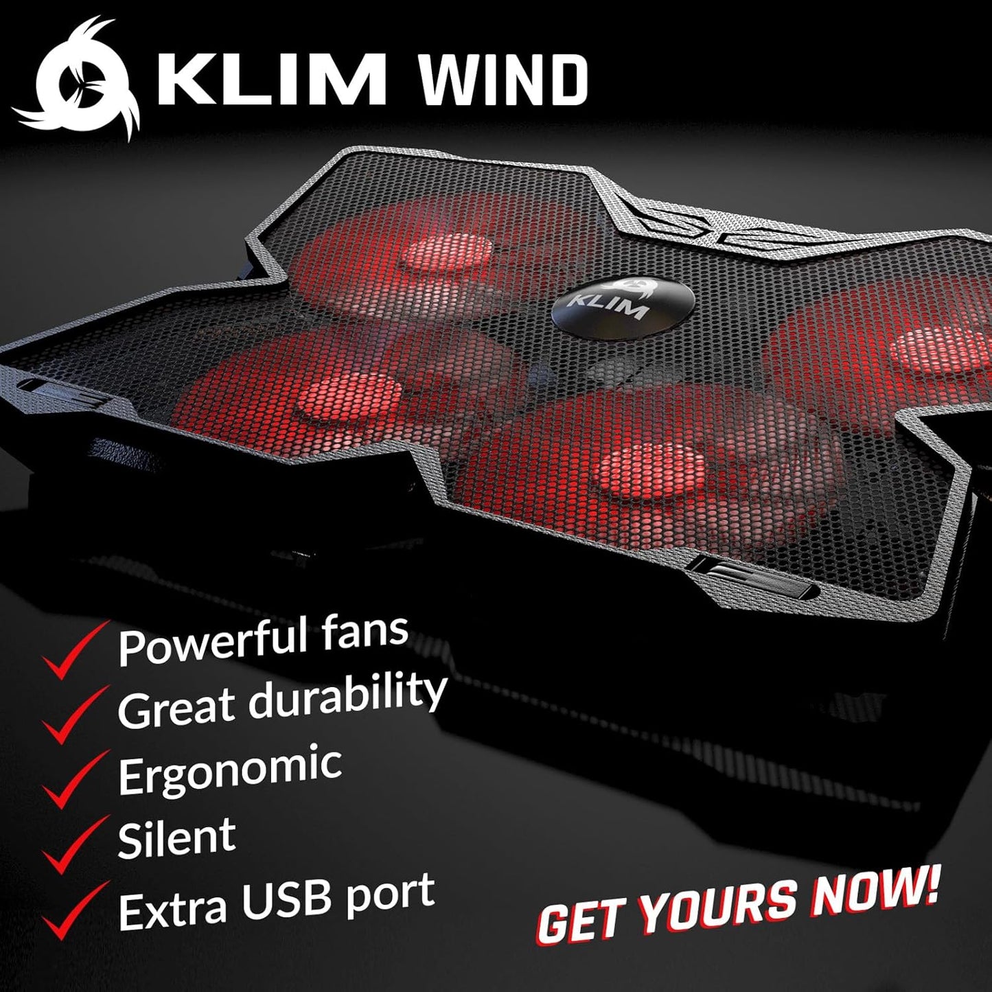 KLIM Wind Laptop Cooling Pad - More Than 500 000 Units Sold - New - The Most Powerful Rapid Action Cooling Fan - Laptop Stand with 4 Fans at 1200 RPM - USB - PS5 PS4 - Red