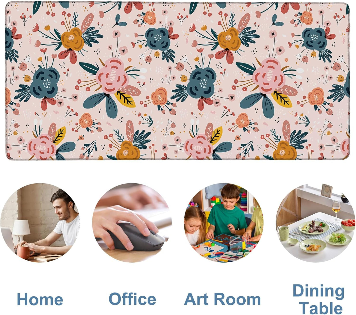 Gaming Desk Pad Large Extra Length Hand Drawn Floral Mouse Pad Keyboard Laptop Non-Slip Waterproof with Rubber Base Thick Stitched Edge Mouse Mat for Office Home 35.4 x 15.7 Inches