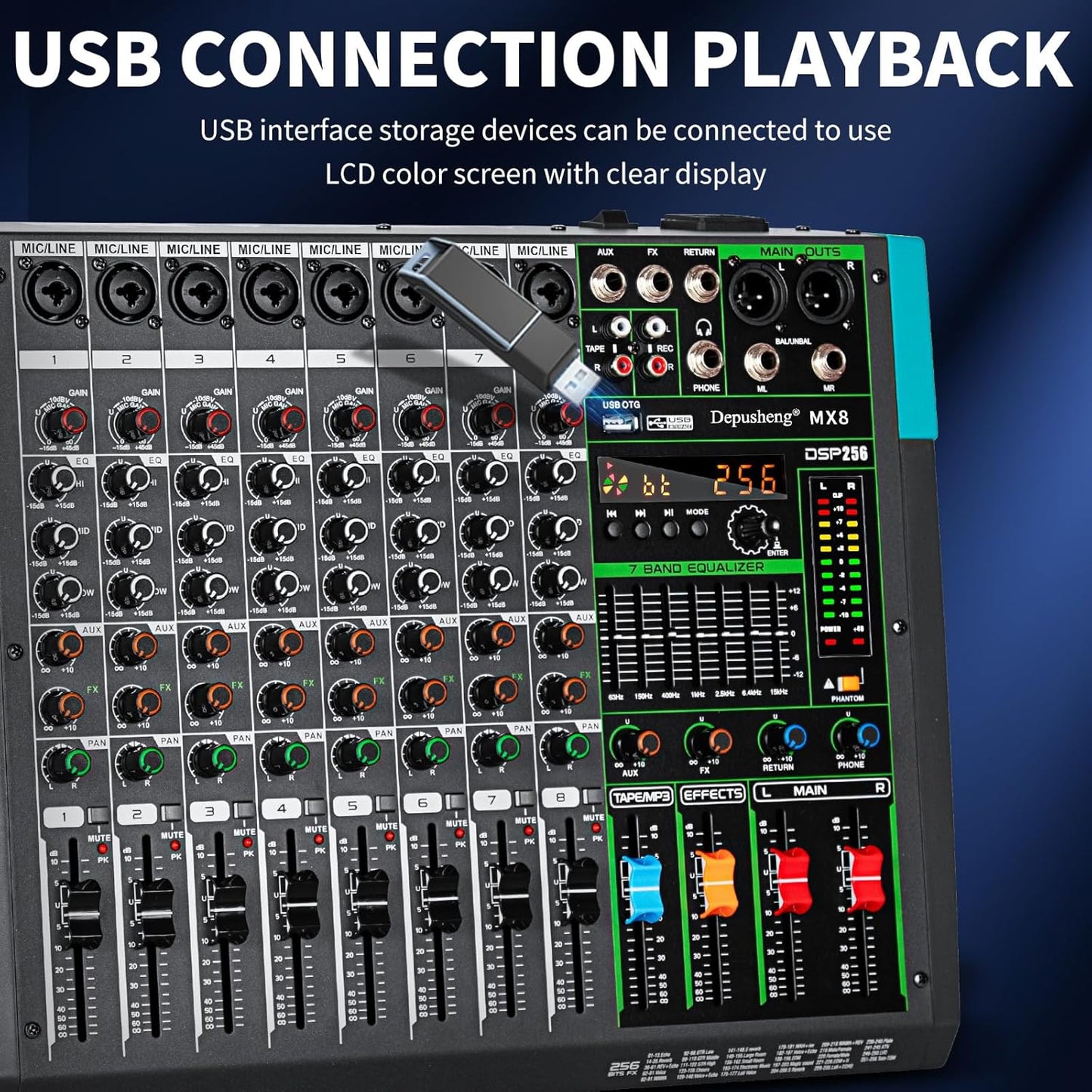 Depusheng MX8 8 Channel Sound Mixer Audio Mixing Console 48V 256DSP Professional USB PC Play Record Podcast Live Broadcast (US MX8)