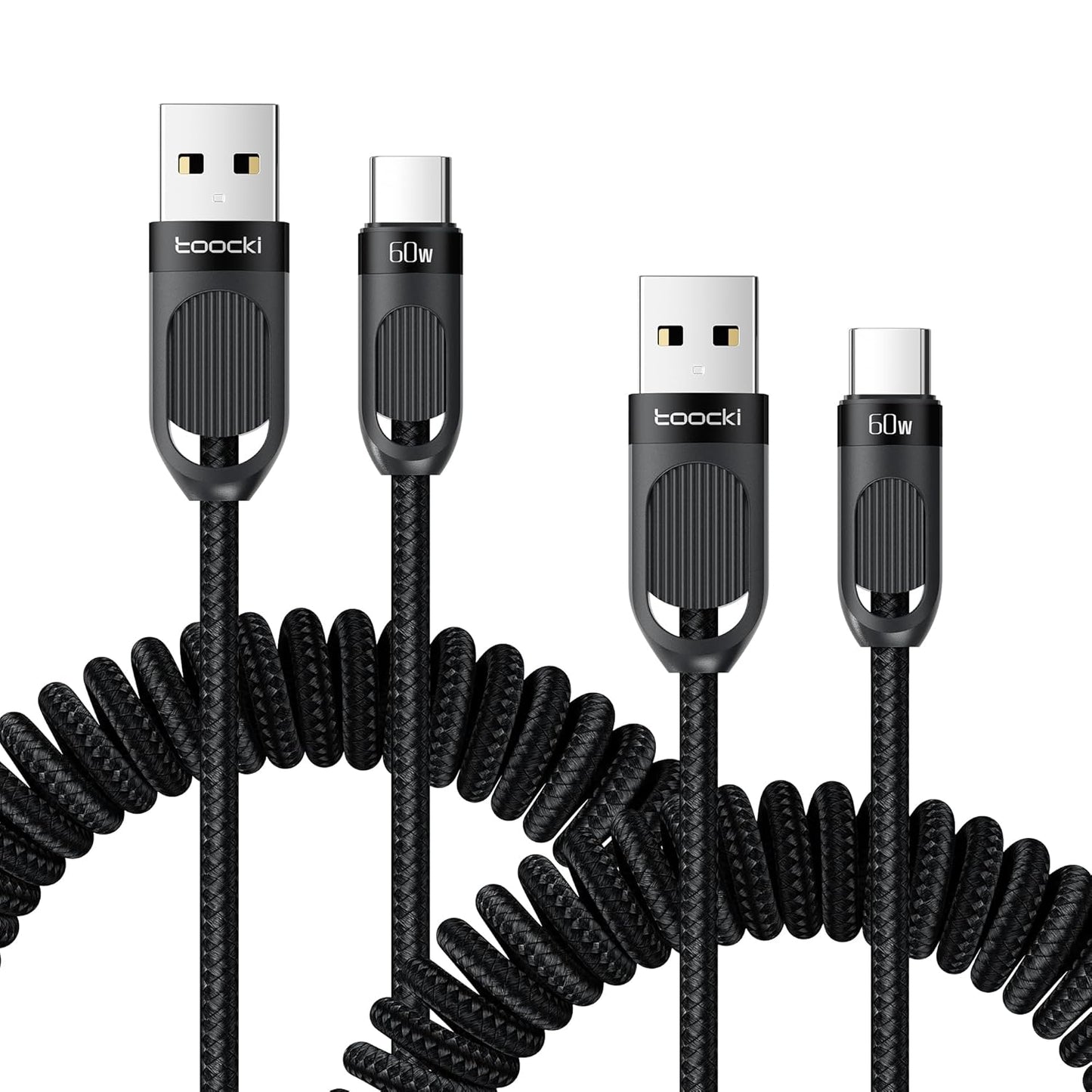 Coiled USB A to USB C 2Pack 3FT Braided Retractable Fast Charging Cable for Car, Compatible with iPhone 16/15 Pro Max/Galaxy S24/S23/S22, Supports Car Play & Android Auto-Black