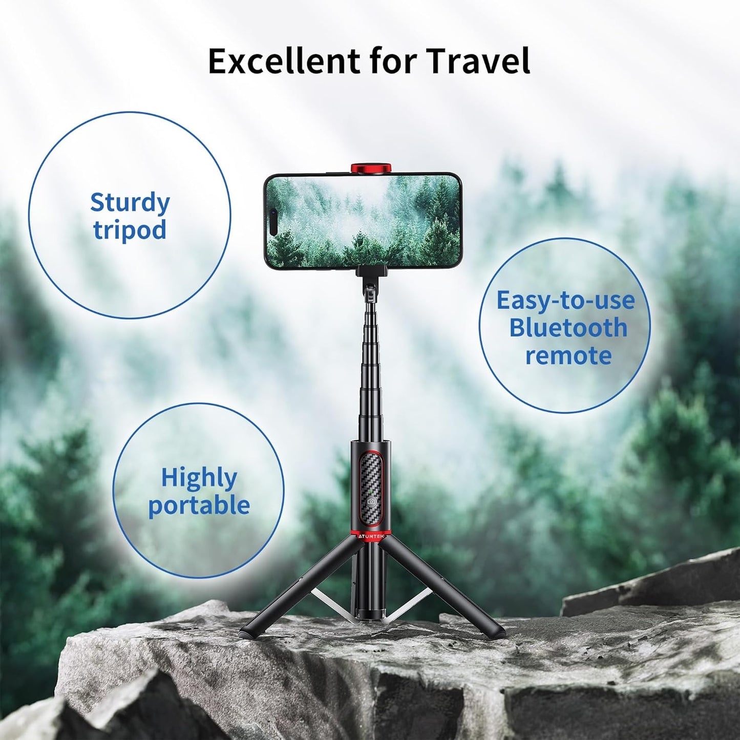 ATUMTEK Selfie Stick Tripod, Extendable 3 in 1 Aluminum Bluetooth Selfie Stick with Wireless Remote and Tripod Stand for iPhone 16/15/14/13/12/11/11 Pro/XS Max/XS/XR/X/8/7, Samsung Smartphones, Red