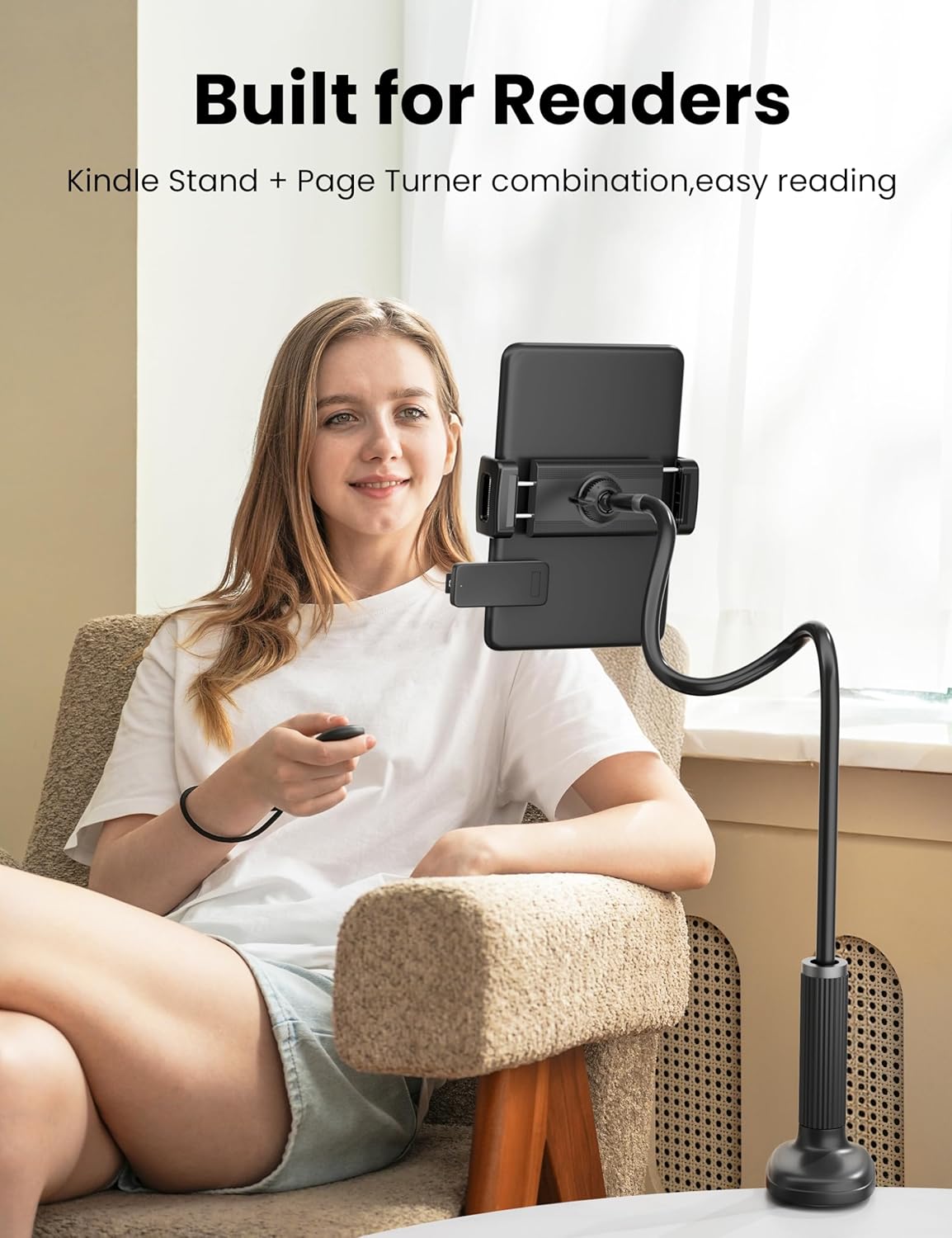 Gooseneck Kindle Holder with Remote Page Turner for Reading in Bed,Tablet Mount Holder for Desk,Flexible Long Arm for Tablets iPhones Kindle Accessories
