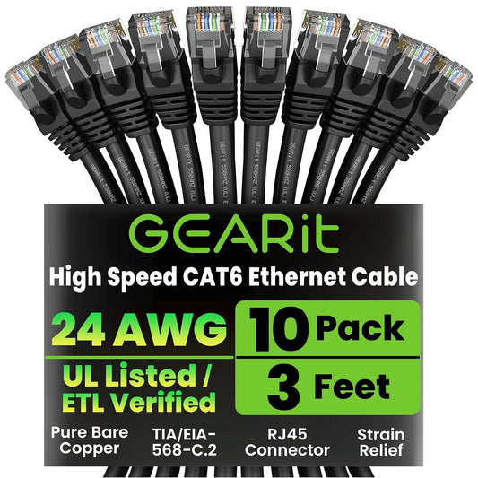 GEARit Cat 6 Ethernet Cable Pack - 10-Pack 3 ft Cat6 Ethernet Patch Cables | RJ45 Network Patch Cable, 10 Gbps Snagless Gold-Plated Connectors - Ethernet Cable Cat 6 for PC, TV, Router - Black