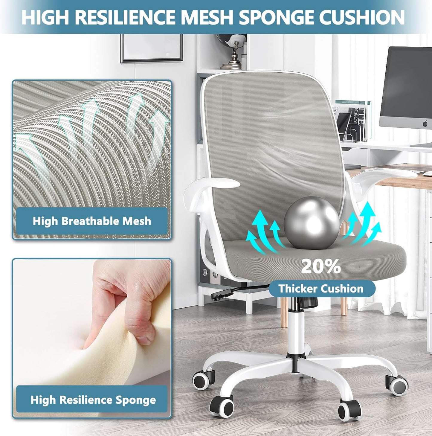 Home Desk Chair with Back Supportive Lumbar Support, Breathable Double Mesh Cushion Home Desk Office Chair with Flip up Arms, Modern Ergonomic Home Office Chair for Work(Gray)