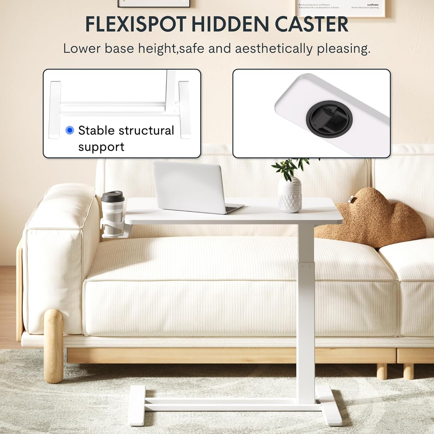 FLEXISPOT H7 Adjustable Overbed Bedside Table with Wheels Pneumatic Mobile Standing Laptop Desk Rolling Computer Cart Movable Overbed Table Hospital Home Use (31.5" W x 17.7" D, White Large)