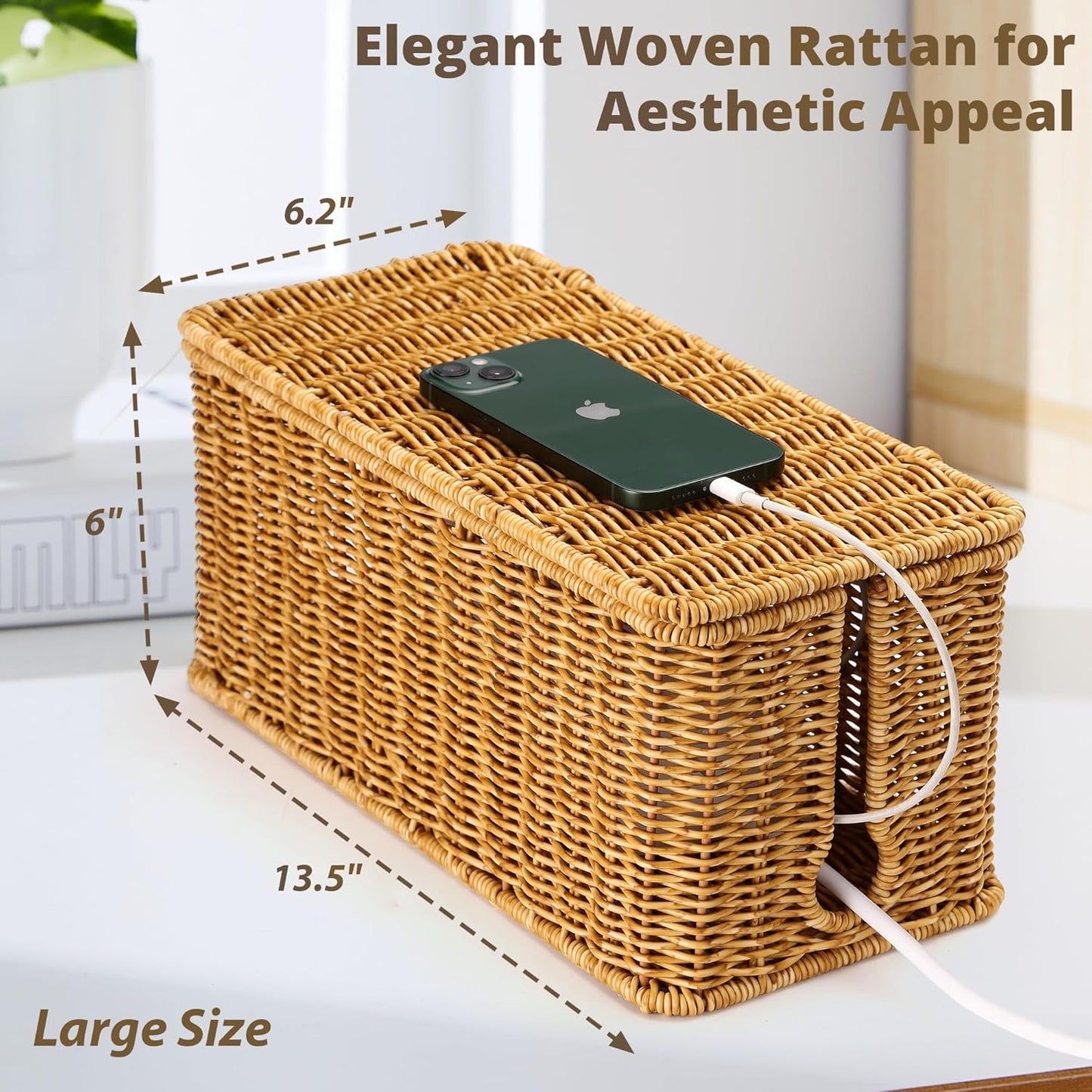 Large Cable Management Box, Handwoven Imitation Rattan Cord Organizer Cord Hider Box, Desk Cord Management Box to Hide Cords and Power Strips, 13.5" L x 6.2" W x 6" H, Natural
