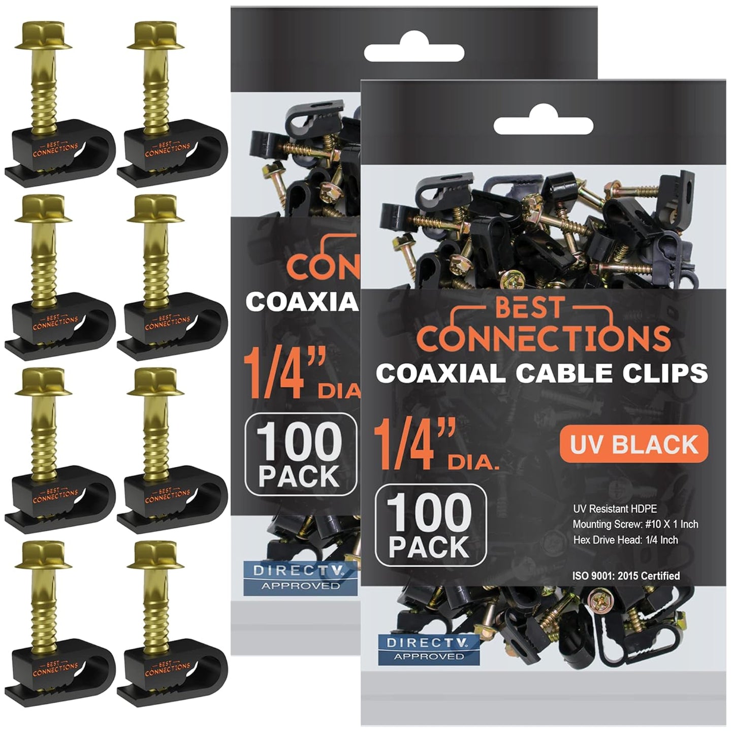 BEST CONNECTIONS Coaxial Cable Clips with Pre-Inserted Screw (200 Pack) – Black Single Cable Mounting Clamps for Coax Cable (RG6, RG59) and Ethernet Cable – Cord Fastener/Strain Relief Clip