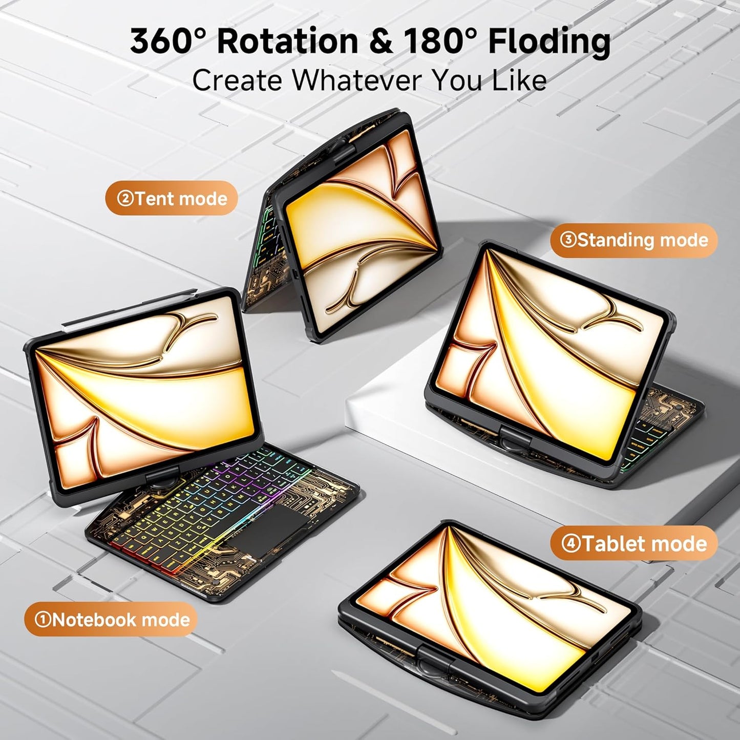 iPad Keyboard Case for 2024 M4 iPad Pro 13 inch, Magic Wireless Keyboard with Trackpad 7 Color Backlit, 360° Rotating Stand Transparent Protective Cover with Pencil Holder (Black)