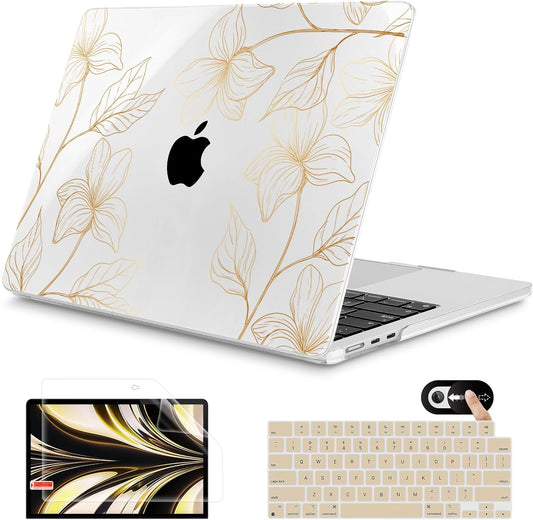Mektron for 2025 M4 MacBook Air 13.6 Inch A3240 Case Fits 2023 A2681 M2 2024 A3113 M3 Chip with Liquid Retina Display Touch ID, Printed Plastic Hard Shell Cover for MacBook Air 13.6", Gold Flower S718