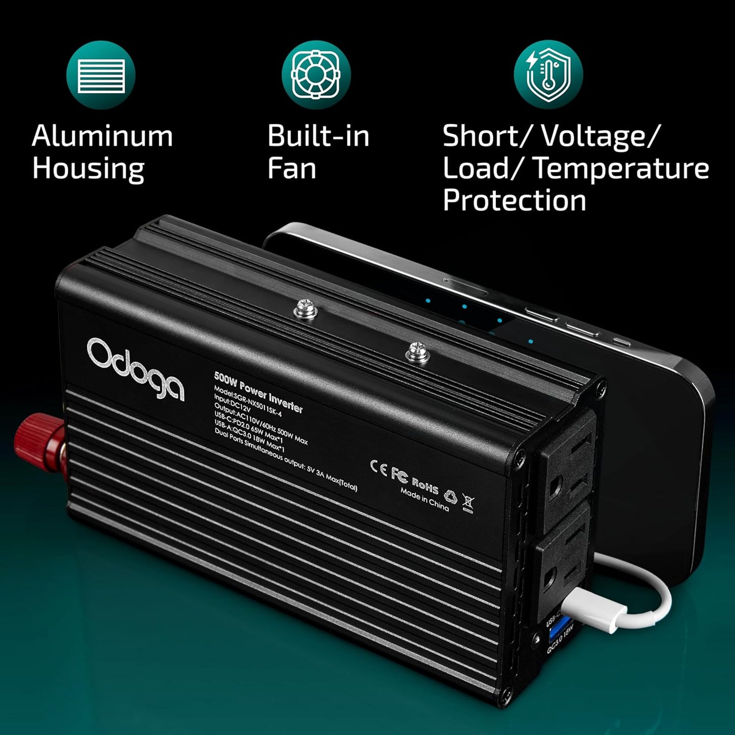 500W Car Power Inverter 12v to 110v – Car Adapter for Plug Outlet, DC to AC Converter, USB/USB-C Fast Charger for Laptop, Phone, Dual AC – for Vehicle, Pickup Truck, Roadtrip, Camping by Odoga