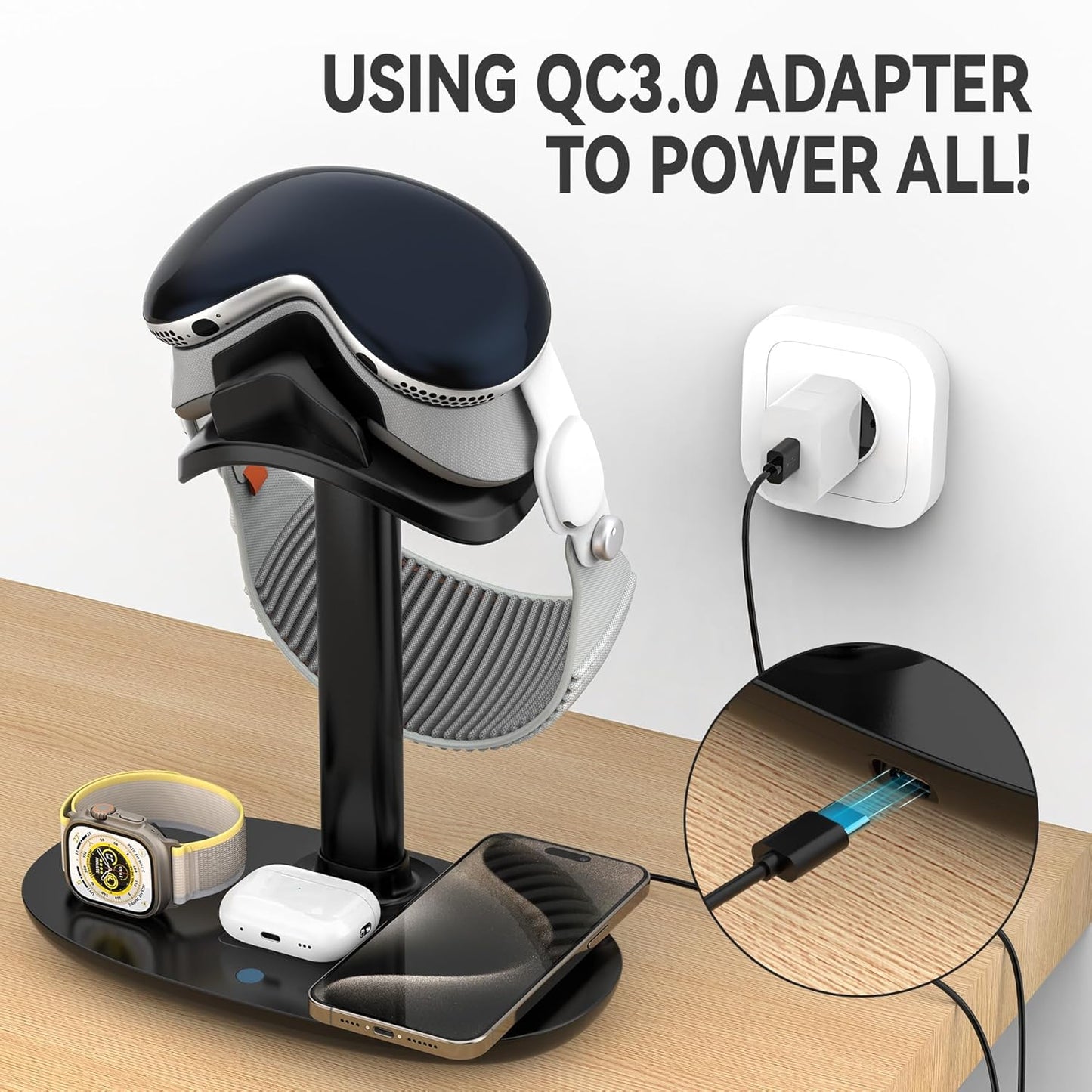Airpod Max Charger Stand with 15w Wireless Charger, Suguder 4 in 1 Headset Holder for Apple Accessories Charging with AirPods Max/Pro/iWatch/iPhone/Vision Pro, Headphones Stand for Desk Organizer