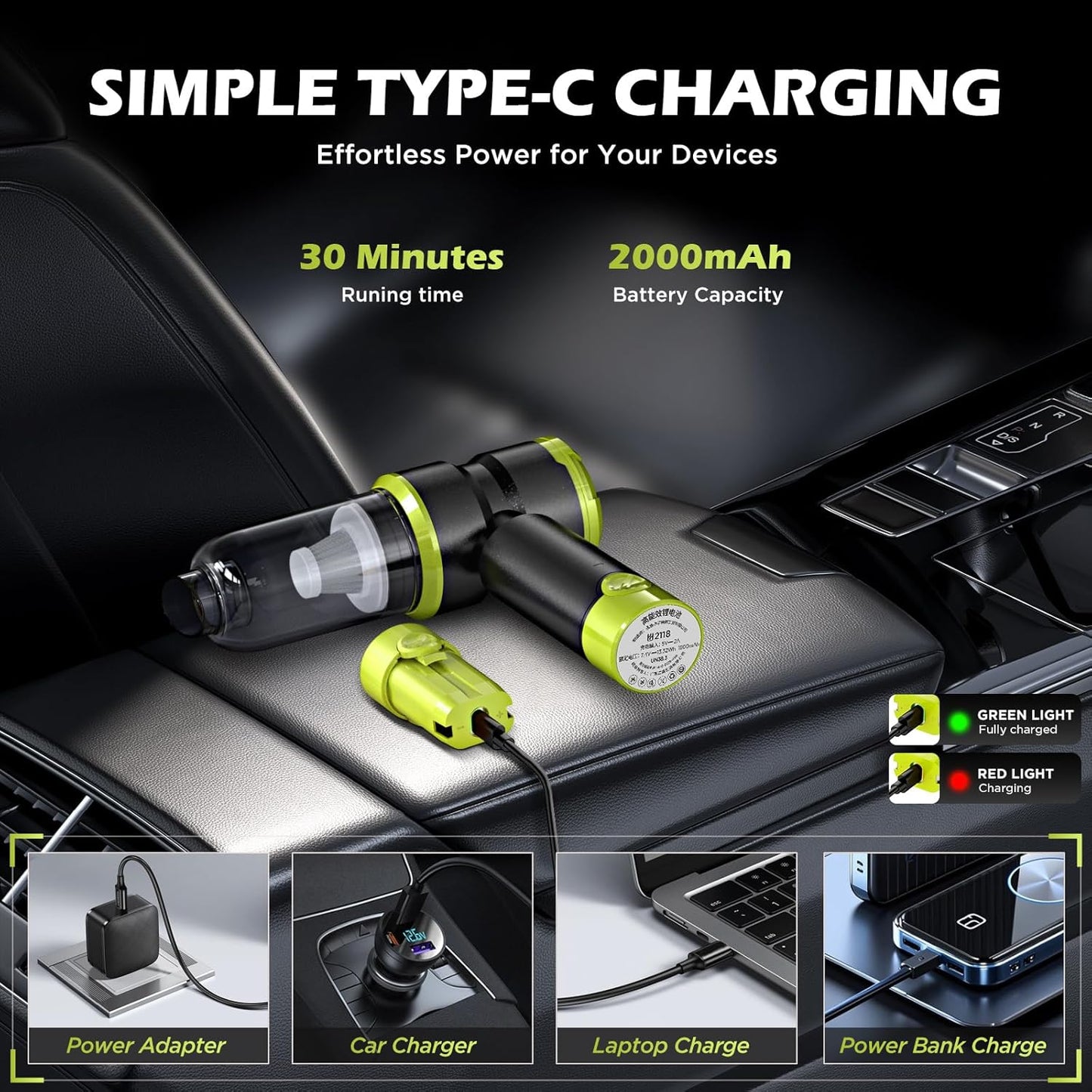 Handheld Car Vacuum with 15000PA Power, 4 in 1 Small Powerful Cordless Vacuum Cleaner & Air Duster with 2000mAh Battery, Rechargeable Portable Mini Hand Held Vacuum for Car,Home,Office,Pet Hair（Green）