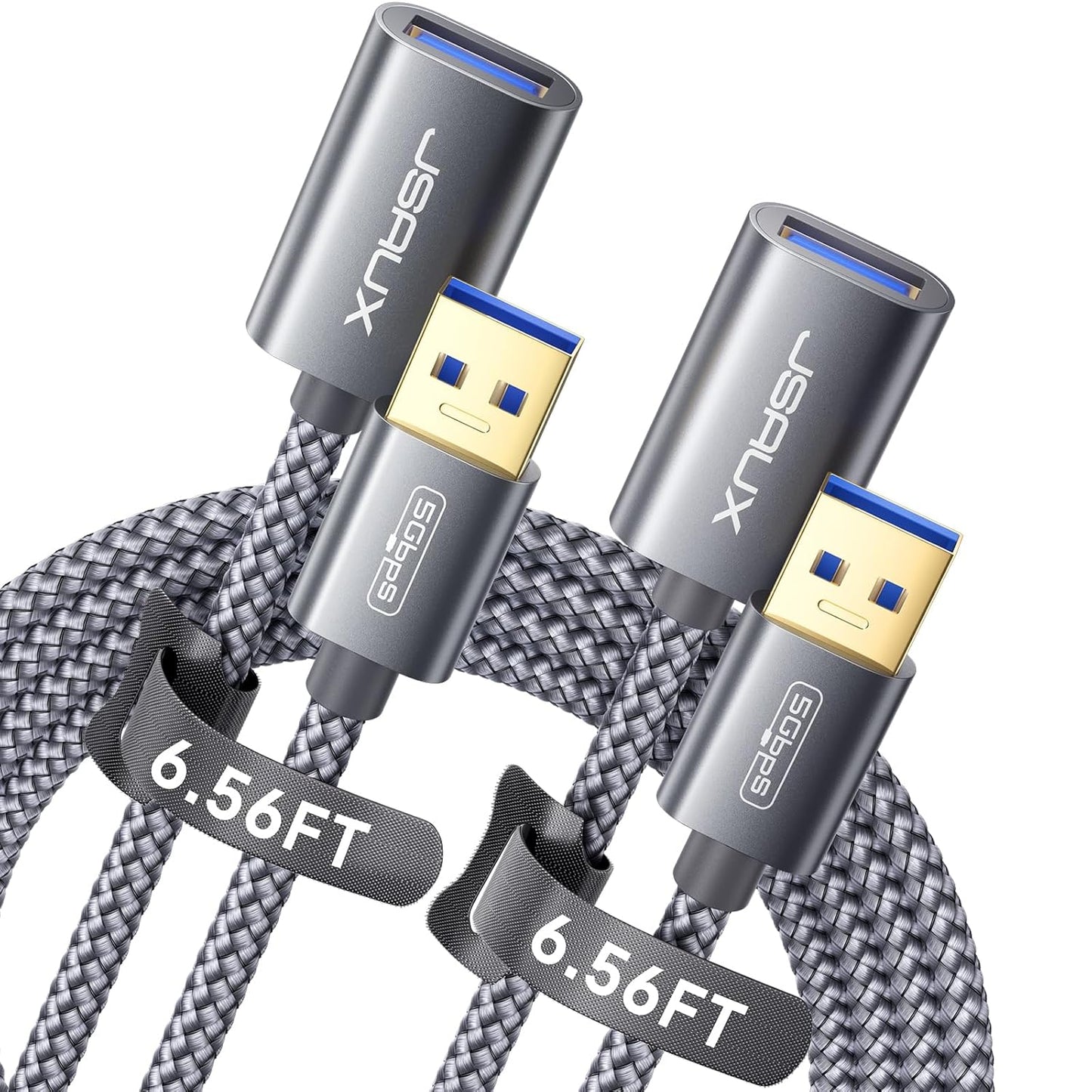 JSAUX 2Pack 6.56FT + 6.56FT USB 3.0 Extension Cable, Type A Male to Female USB Extender Cord Nylon Braided Compatible with Webcam, Camera, Phone, USB hub, Mouse, Keyboard, Printer, Hard Drive - Grey