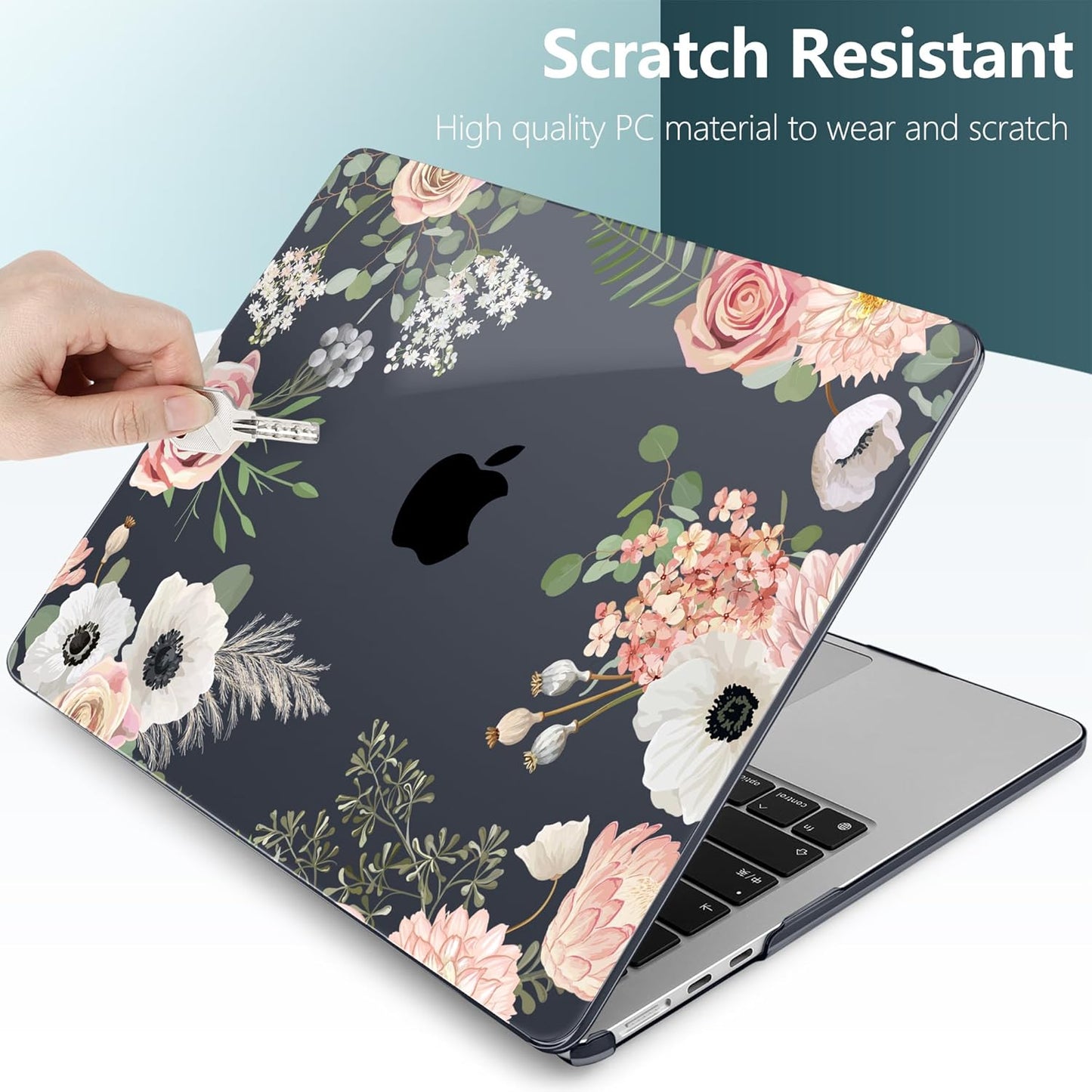 TWOLSKOO Compatible with M4 MacBook Air 13.6 inch Case 2025-2022 Release M4 A3240 M3 A3113 M2 A2681, Plastic Hard Shell & Keyboard Cover & Type C Adapter & Screen Protector, Rose Flower