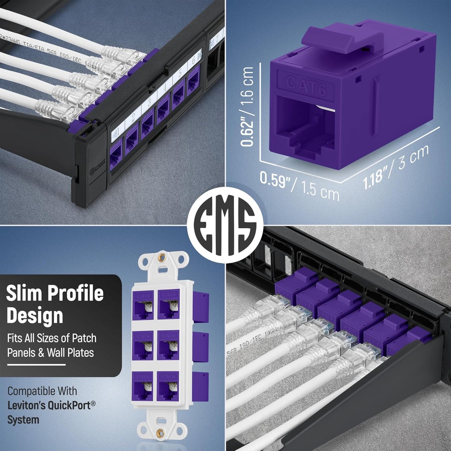 Everest Cat6 RJ45 Keystone Coupler (6-Pack) in Purple - RJ45 Coupler - Cat 6 Couplers - Female to Female Cat6 Keystone Jacks - Ethernet Couplers - Ethernet Cable Extender