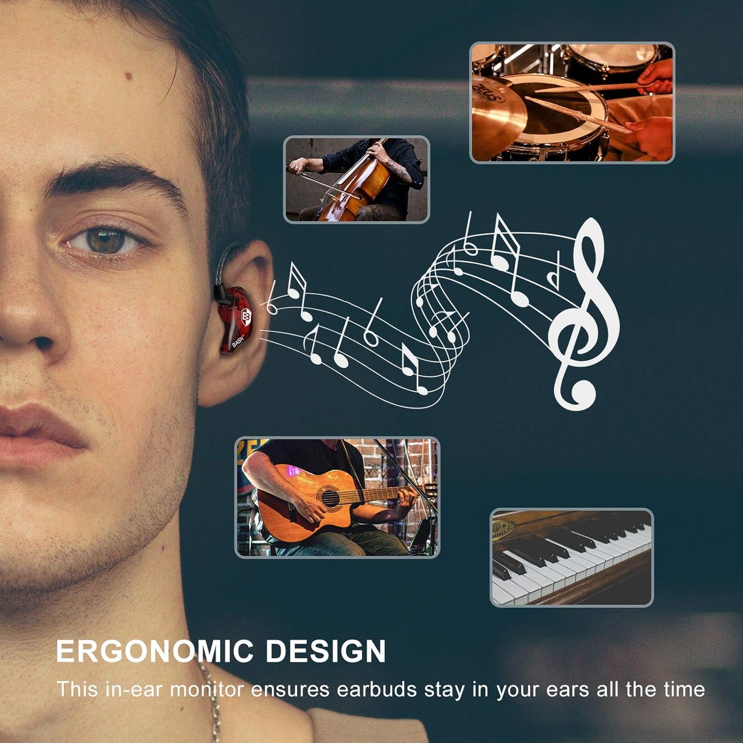 BASN Bsinger PRO in-Ear Monitors Hybrid Dynamic Dual Drivers Two Detachable MMCX Cables Musicians in-Ear Earbuds Headphones (Red)