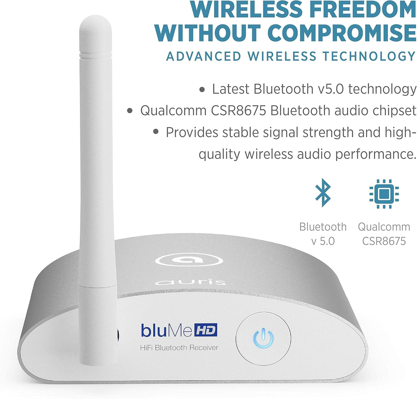 Auris Blume HD Long Range Bluetooth 5.3 Music Receiver Hi-Fi Audio Adapter with Audiophile DAC, LDAC & AptX HD for Home Stereo, AV Receiver or Amplifier