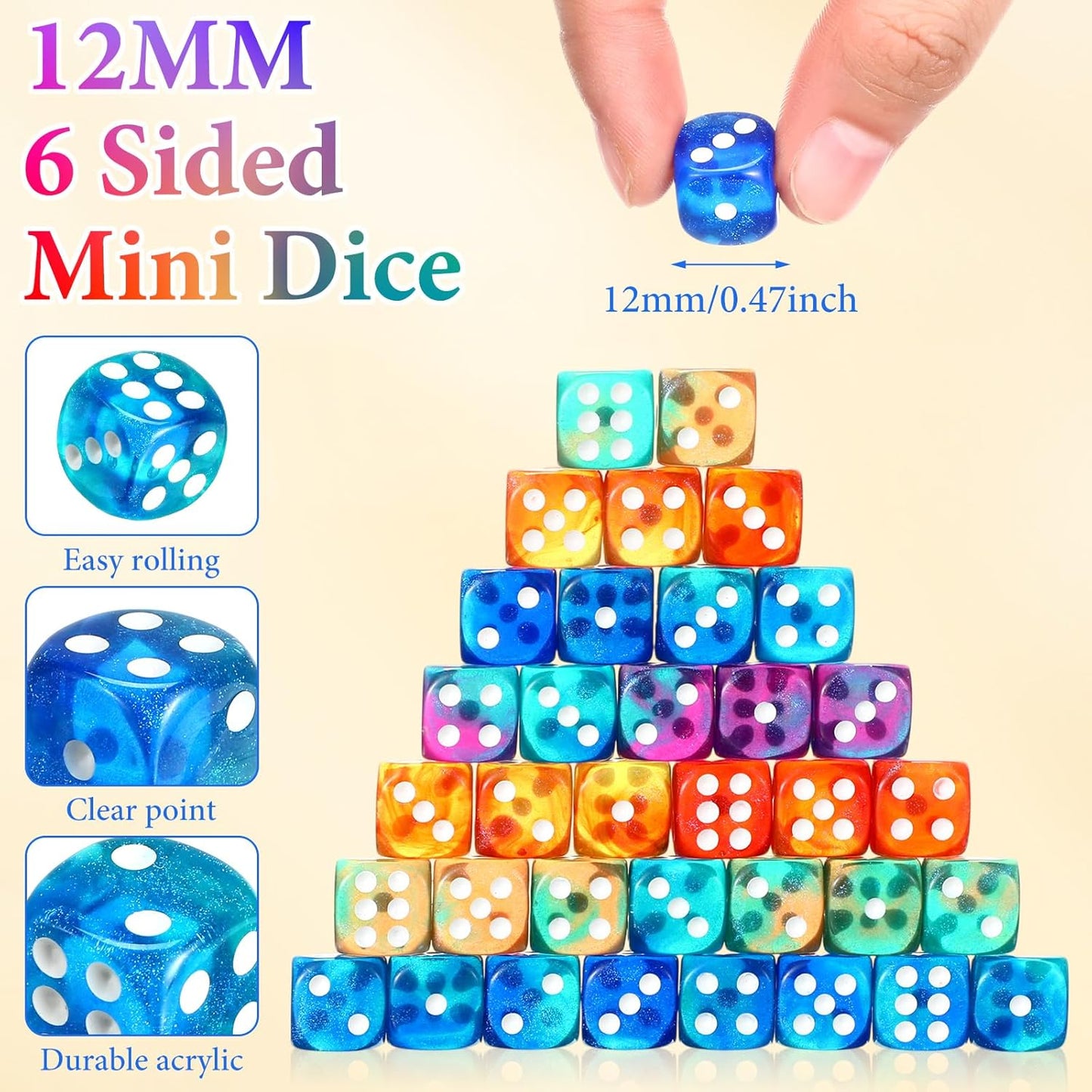 144 Pieces 12mm 6 Sided Mini Dice Set for School Classroom Table Games D6 Game Standard Dice with Portable Plastic Box for Teaching Math Learning(Luminary Color)